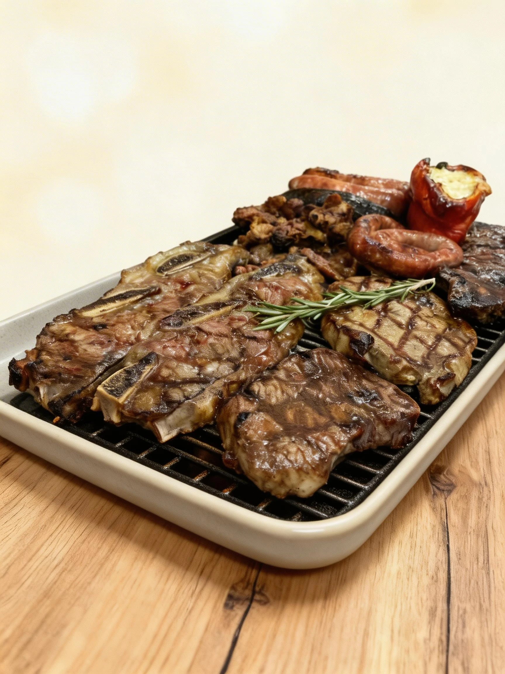 Mixed grill platter featuring grilled short ribs, steaks with charred grill marks, coiled sausages, and a stuffed roasted pepper garnished with fresh rosemary.