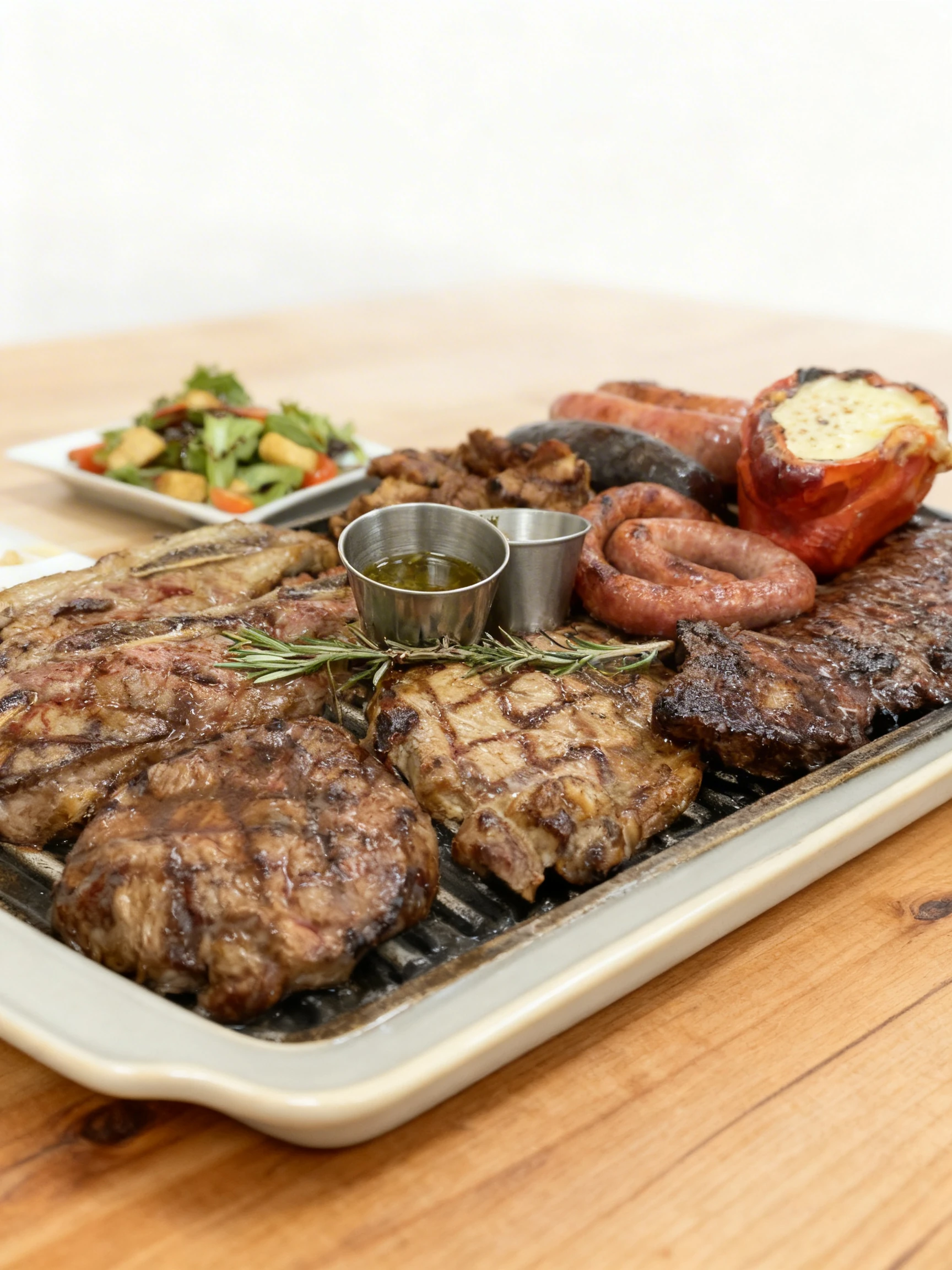 An assortment of grilled meats including beef short ribs, ribeye steaks, and various sausages served with chimichurri dipping sauce and a cheese-stuffed pepper.