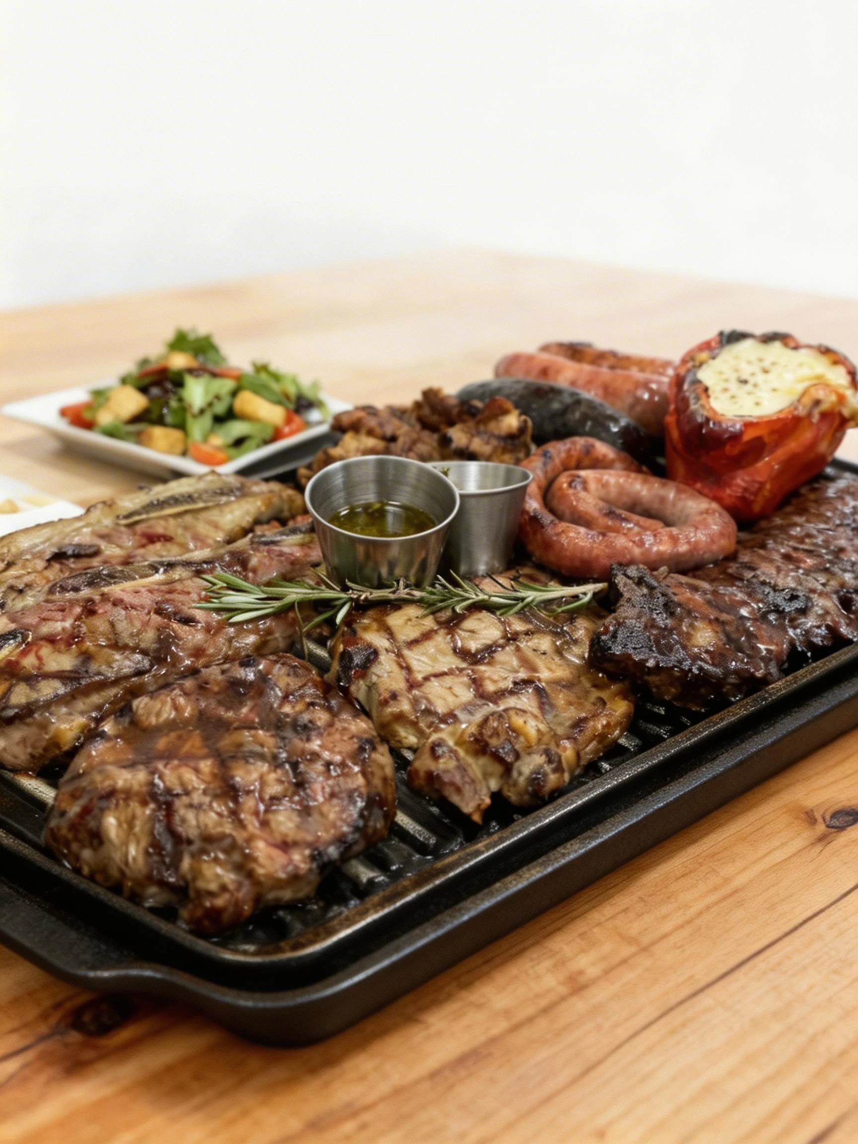 An assortment of grilled meats including beef short ribs, ribeye steaks, and various sausages served with chimichurri dipping sauce and a cheese-stuffed pepper.