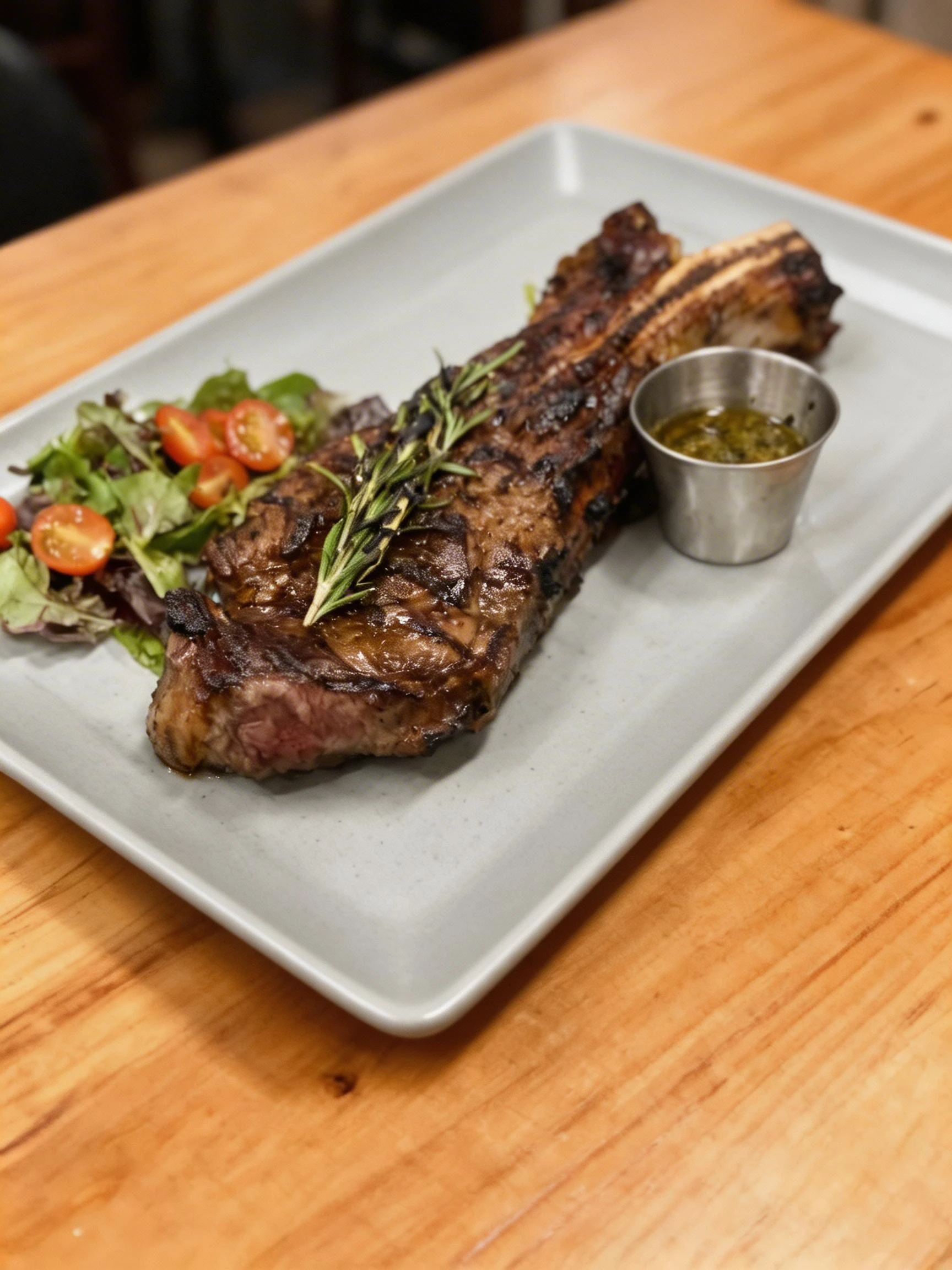 Grilled bone-in ribeye steak garnished with a charred rosemary sprig, served with a side of chimichurri and a garden salad with cherry tomatoes.