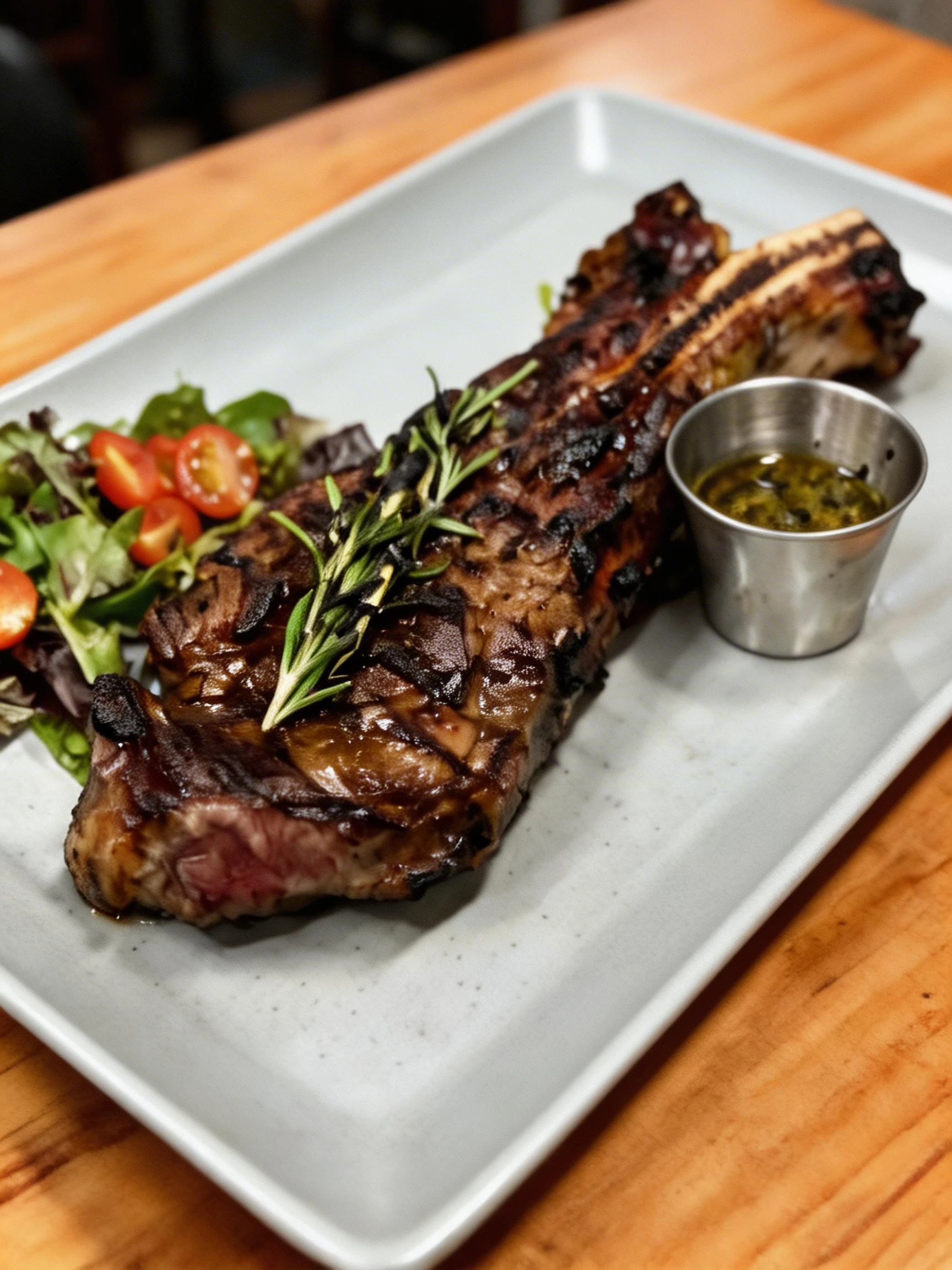 Grilled bone-in ribeye steak garnished with a charred rosemary sprig, served with a side of chimichurri and a garden salad with cherry tomatoes.