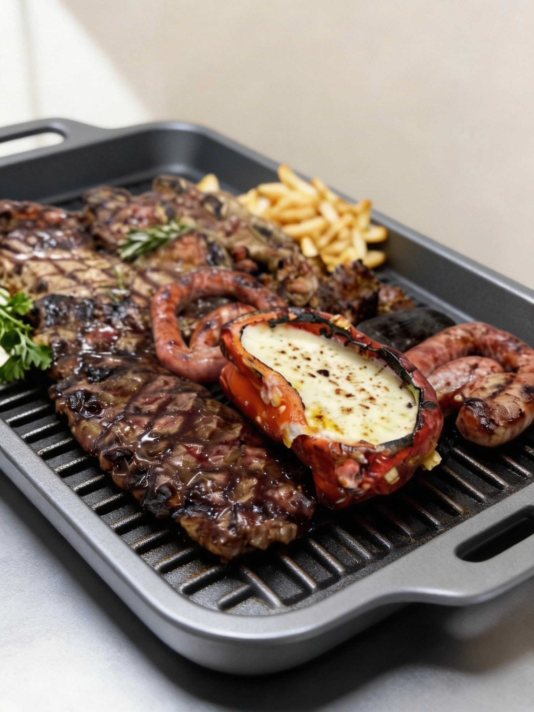 A mixed grill platter featuring grilled steak, coiled sausage, and various cuts of meat alongside a charred bell pepper filled with melted cheese, served with a