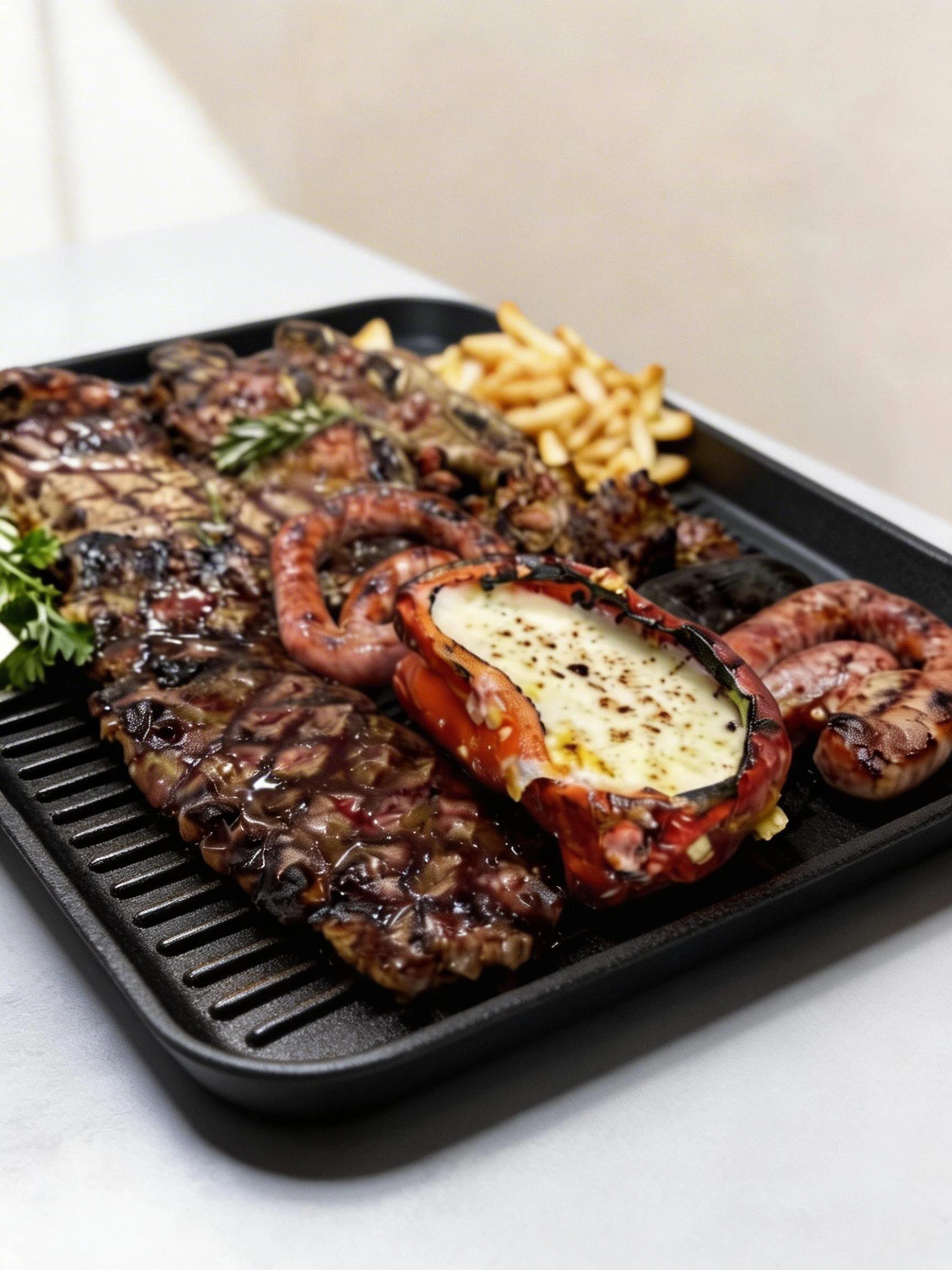 A mixed grill platter featuring grilled steak, coiled sausage, and various cuts of meat alongside a charred bell pepper filled with melted cheese, served with a