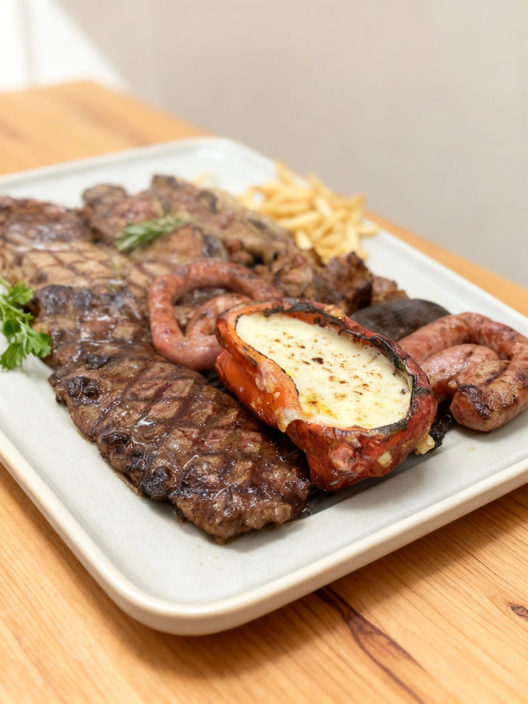A mixed grill platter featuring grilled steak, coiled sausage, and various cuts of meat alongside a charred bell pepper filled with melted cheese, served with a