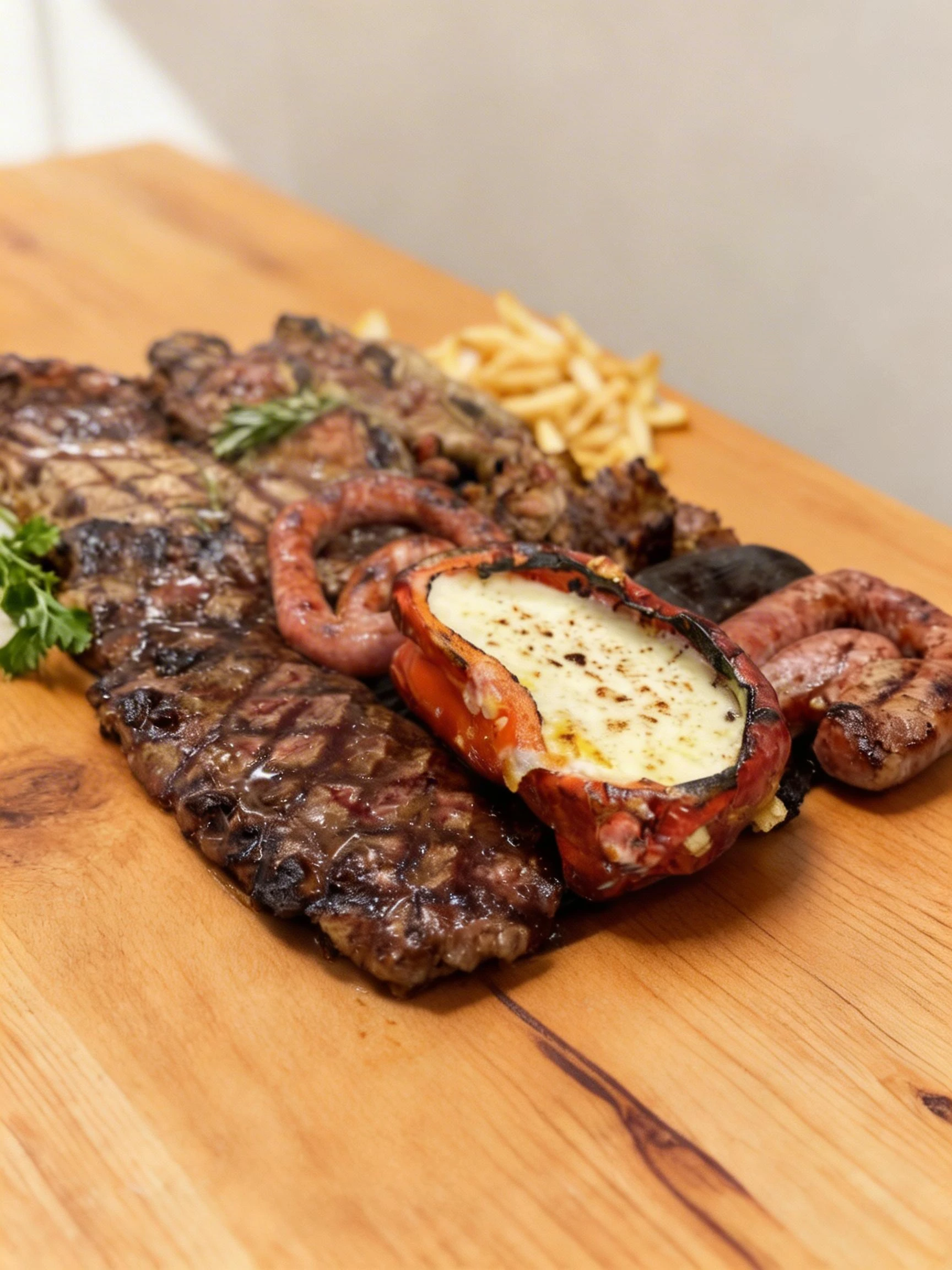 A mixed grill platter featuring grilled steak, coiled sausage, and various cuts of meat alongside a charred bell pepper filled with melted cheese, served with a