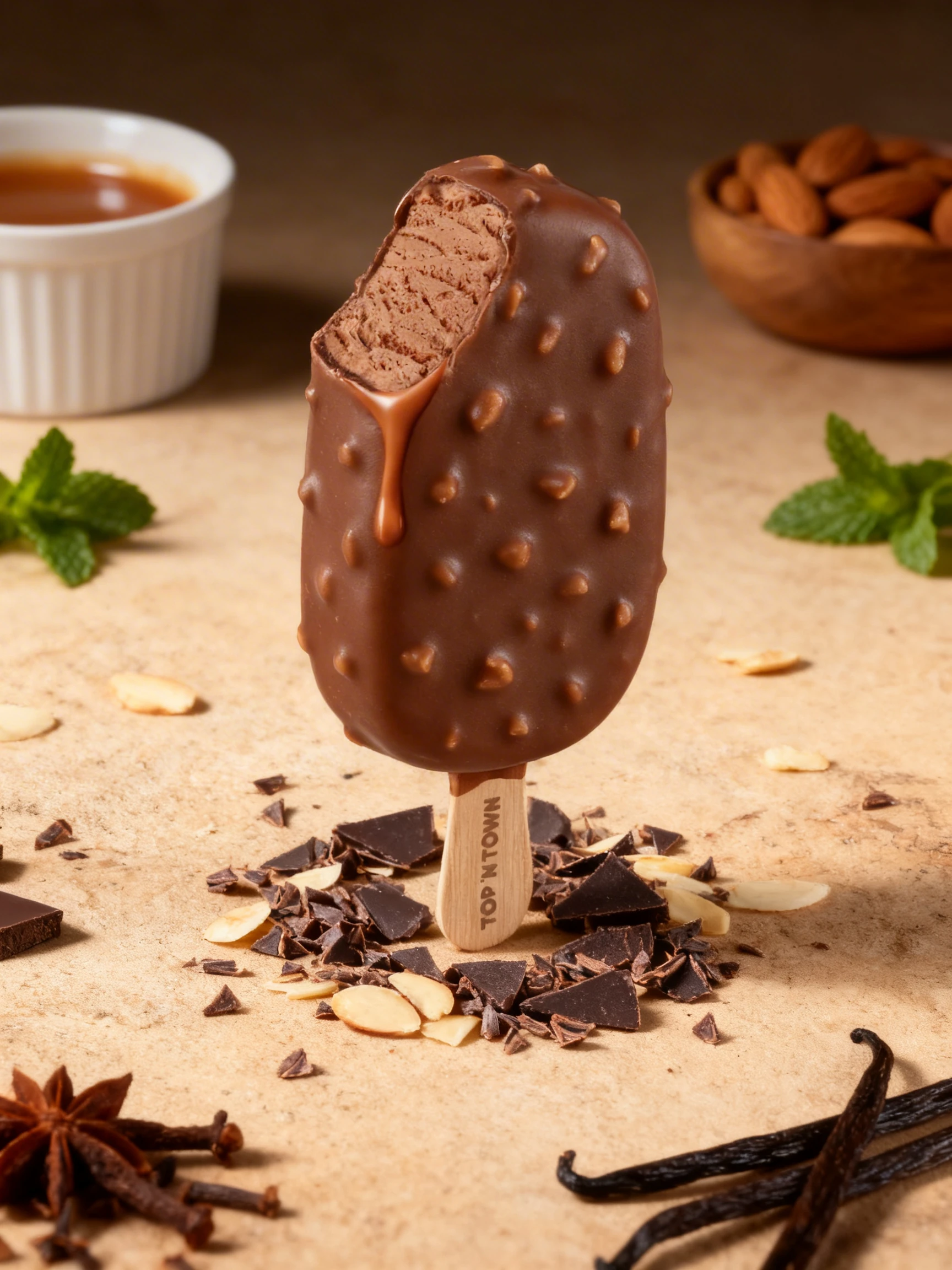 Chocolate ice cream bar with a bite taken out of the top, featuring a chocolate coating with almond pieces and a caramel drip on a wooden stick.