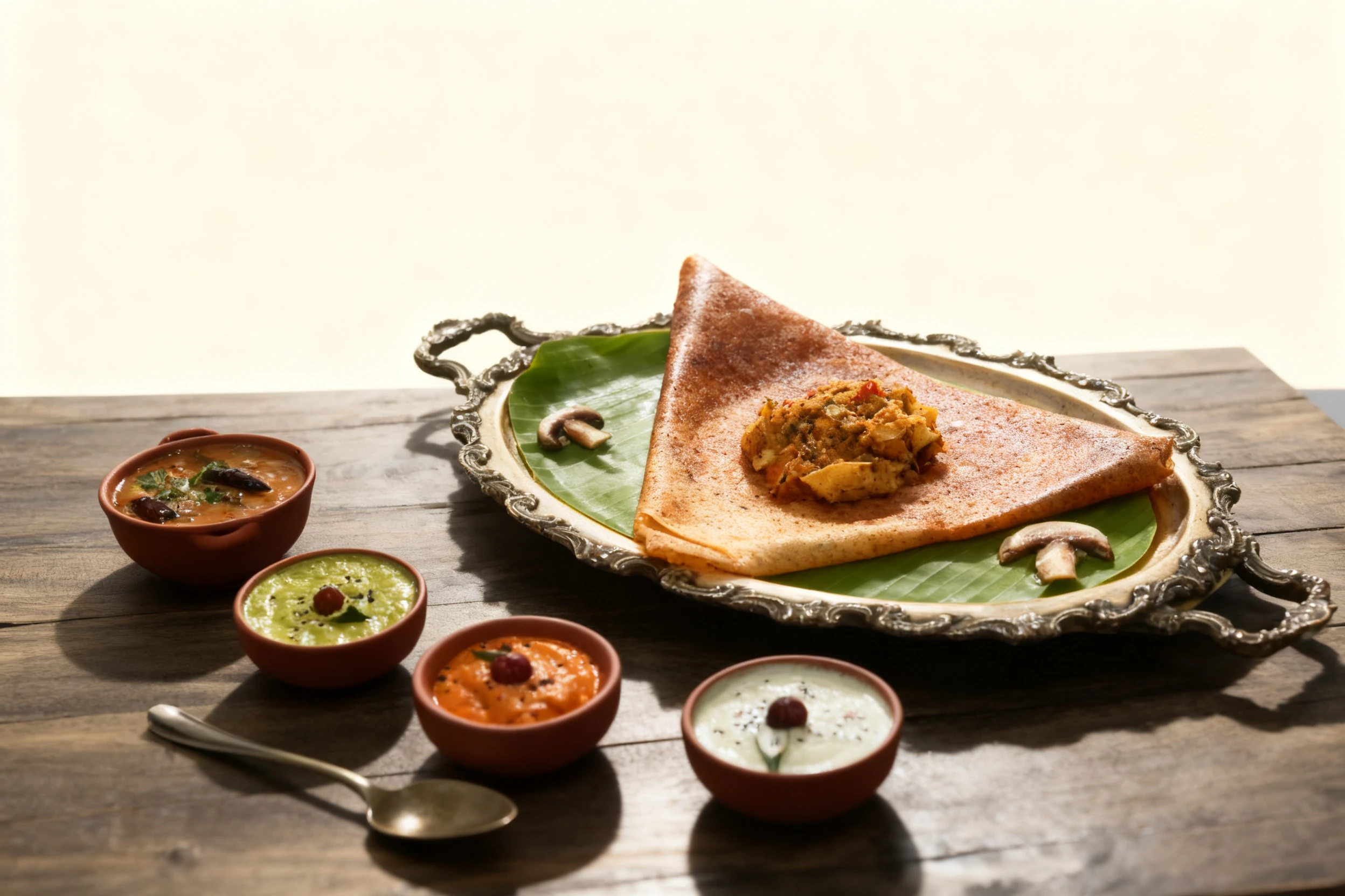 A large triangular masala dosa served on a banana leaf with a scoop of potato masala on top, accompanied by four small bowls of chutney and a side of sambar.