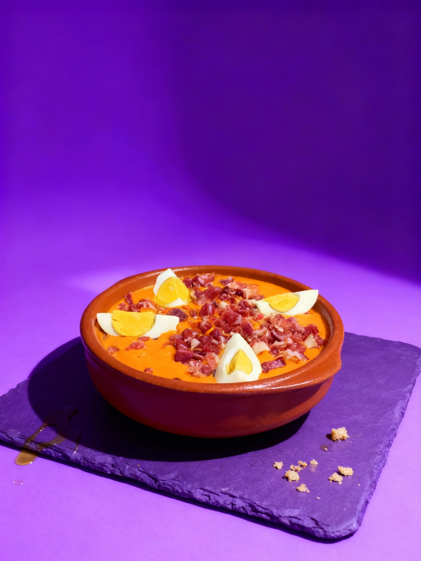 A Spanish Salmorejo, a thick, cold tomato and bread puree, served in a rustic terracotta bowl and topped with generous diced cured ham and four wedges of hard-b