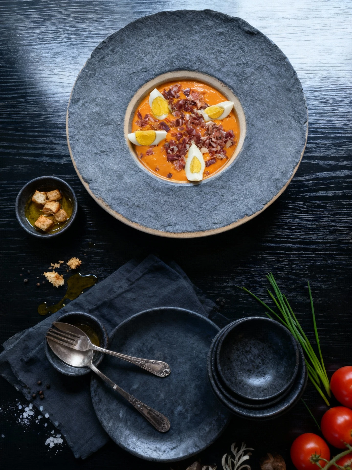 A Spanish dish, likely Salmorejo, featuring a thick, bright orange soup base topped with copious amounts of diced cured ham (jamón ibérico) and garnished with f