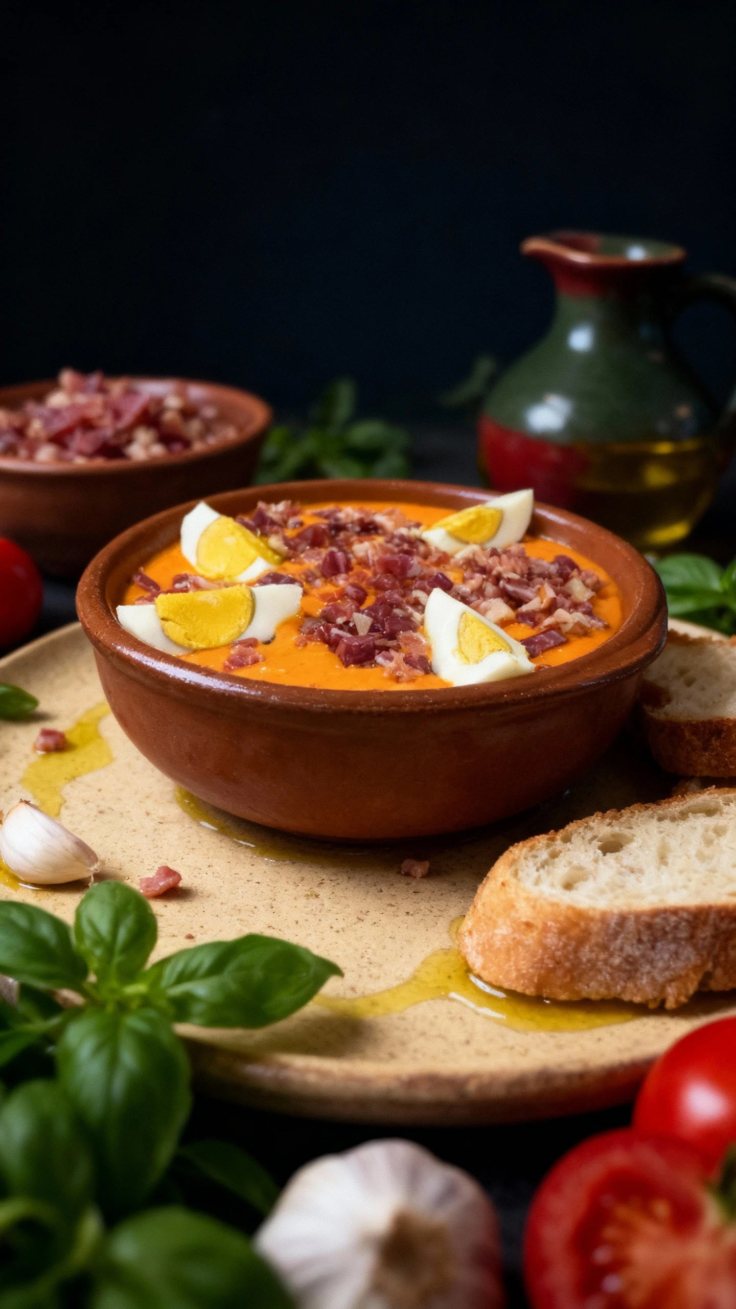 A Spanish dish, likely Salmorejo, featuring a creamy, thick orange base topped with generous chunks of diced cured ham (jamón) and garnished with wedges of hard