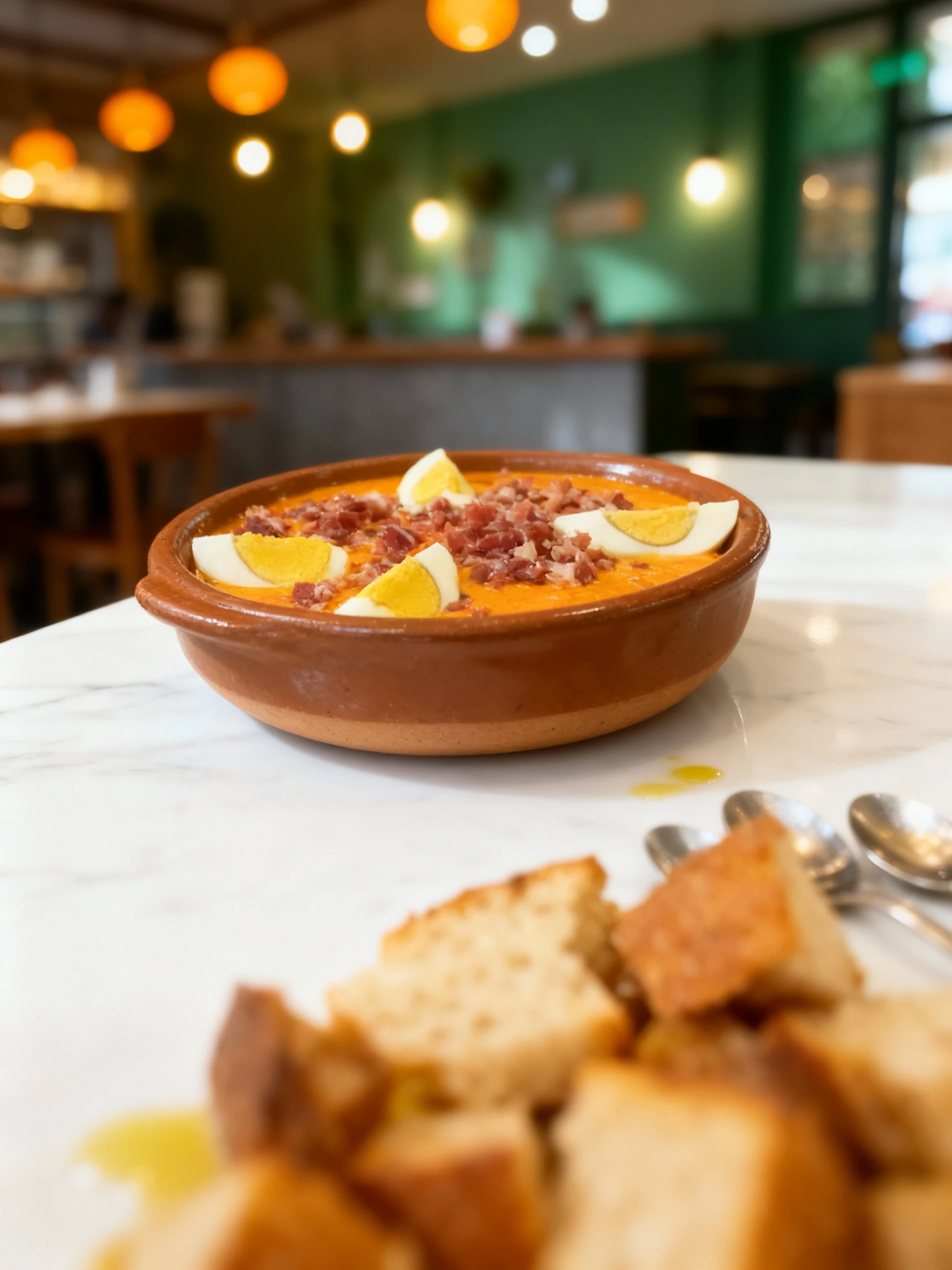 A traditional Spanish Salmorejo, a thick tomato and bread puree, served in a rustic bowl and heavily garnished with diced cured ham and wedges of hard-boiled eg