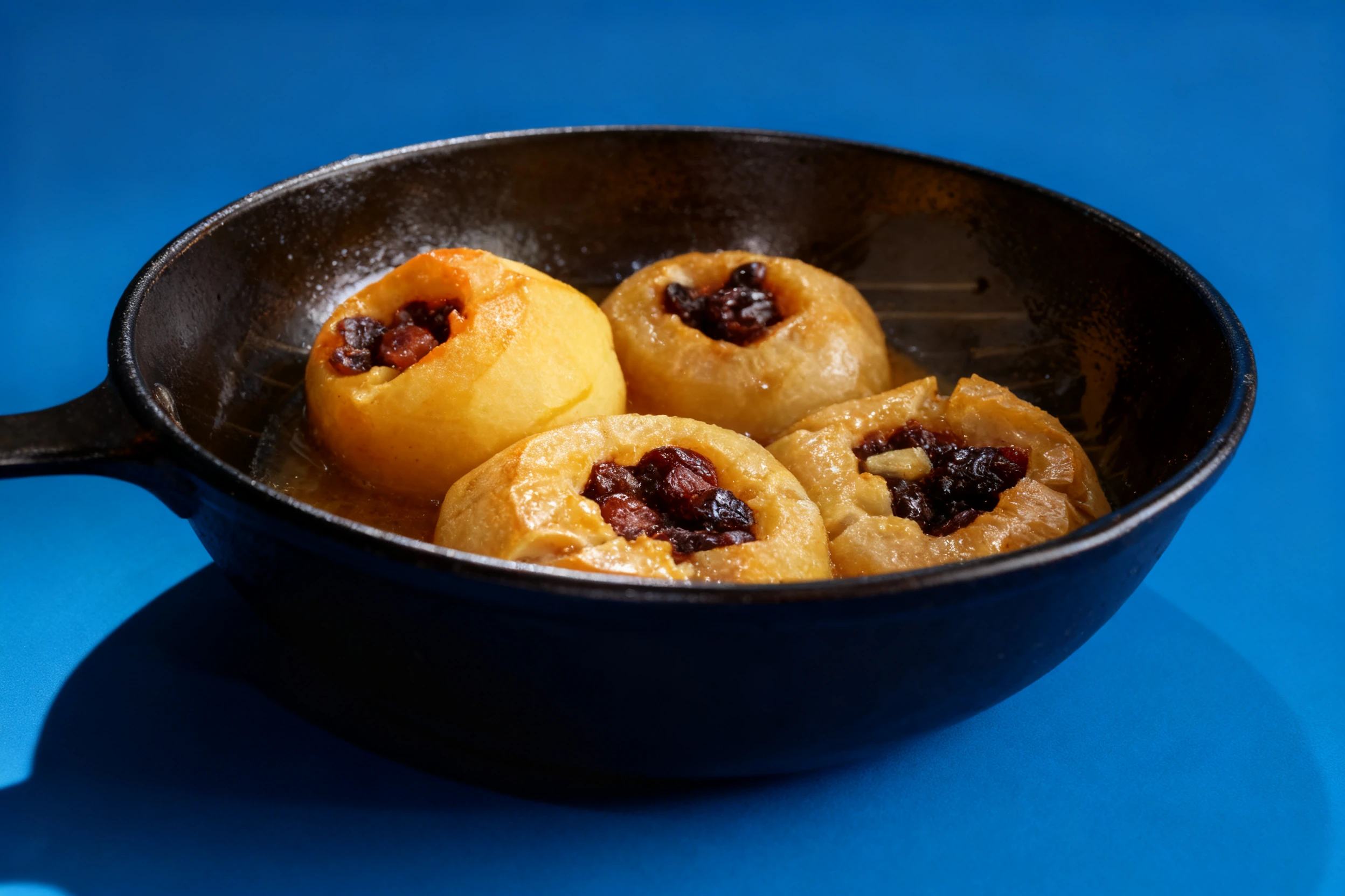 Baked whole apples stuffed with a mixture of raisins and spices, sitting in a shallow pool of syrup within a cooking pan.