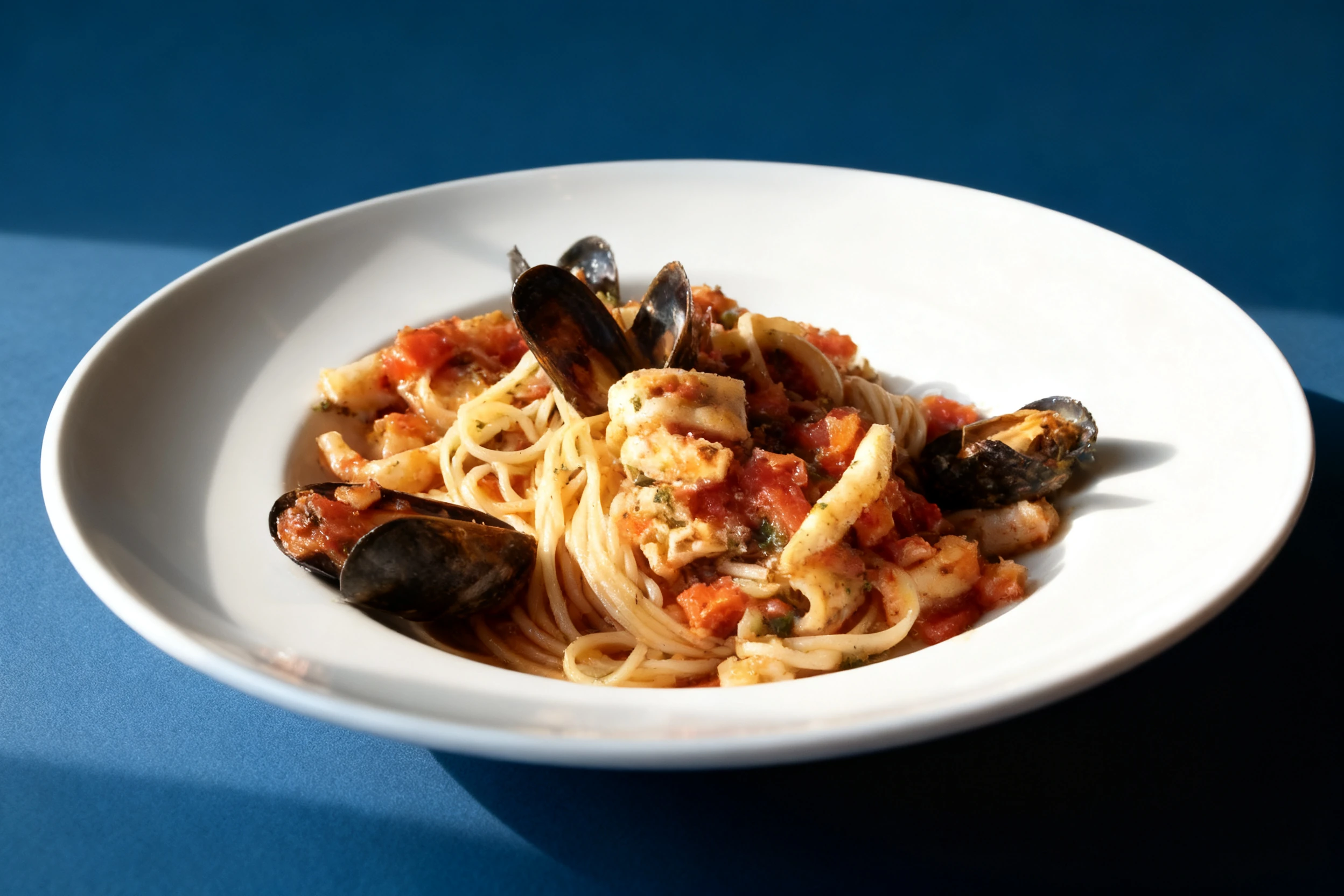 Seafood pasta dish featuring long noodles tossed with steamed mussels in their shells, calamari, and a chunky tomato sauce.