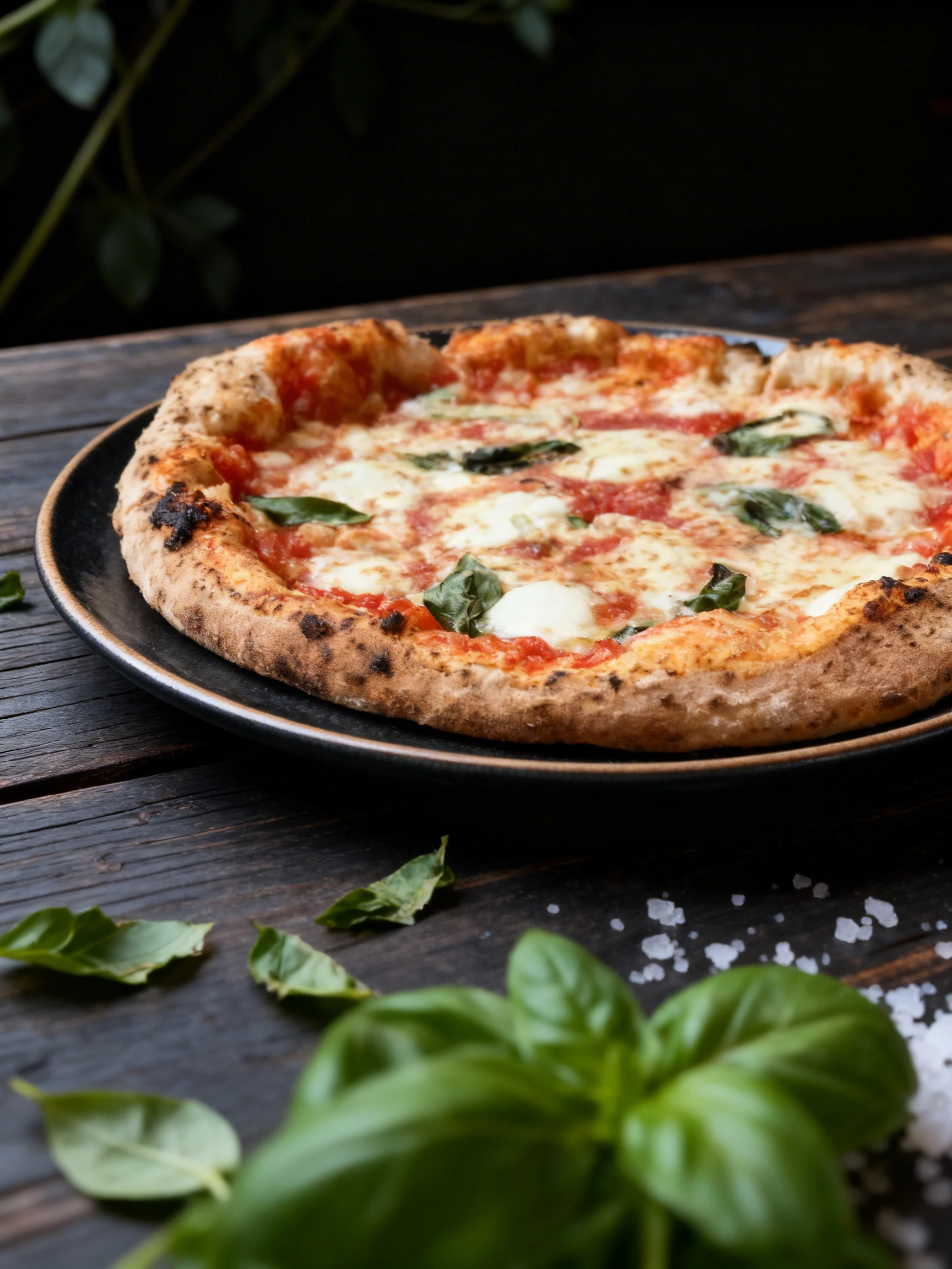 Neapolitan-style Margherita pizza with a charred sourdough crust, melted mozzarella pearls, tomato sauce, and fresh basil leaves.