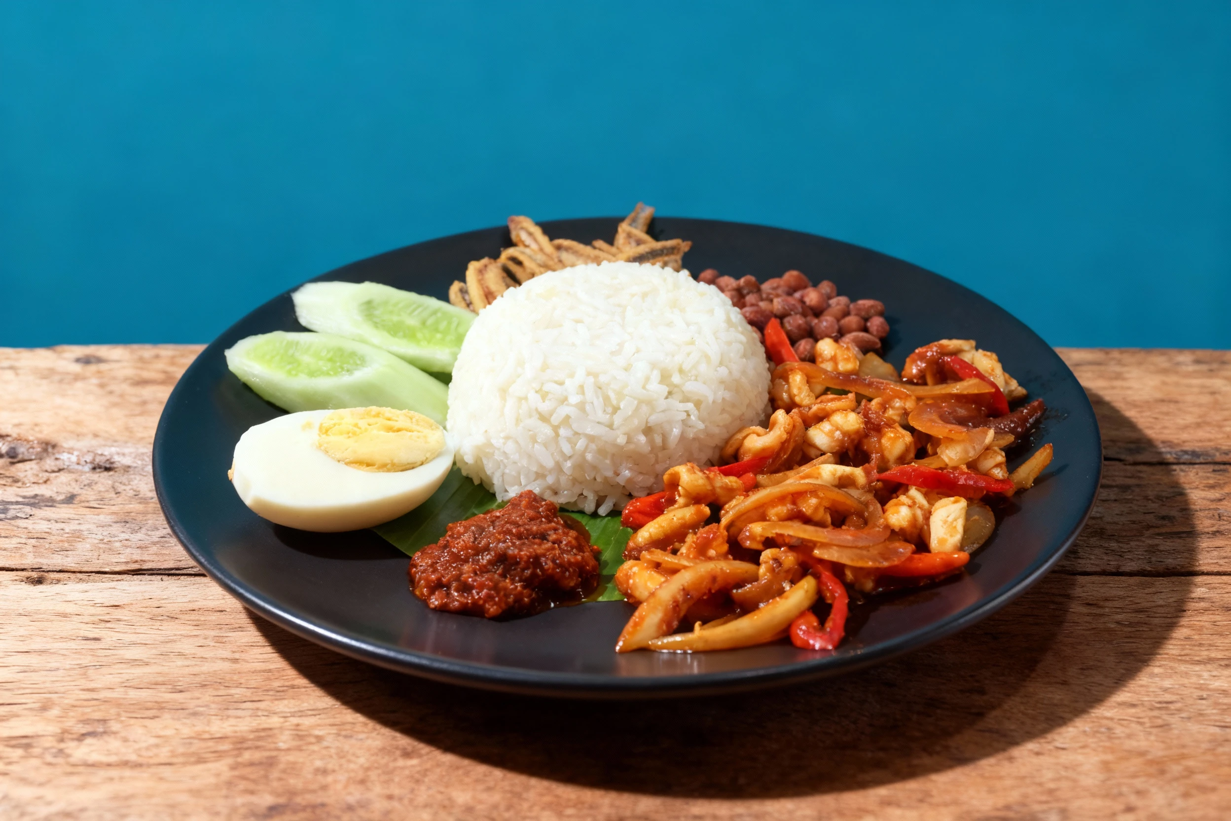 Nasi lemak featuring a central mound of white rice served with squid sambal, fried anchovies, roasted peanuts, cucumber slices, a hard-boiled egg half, and a do