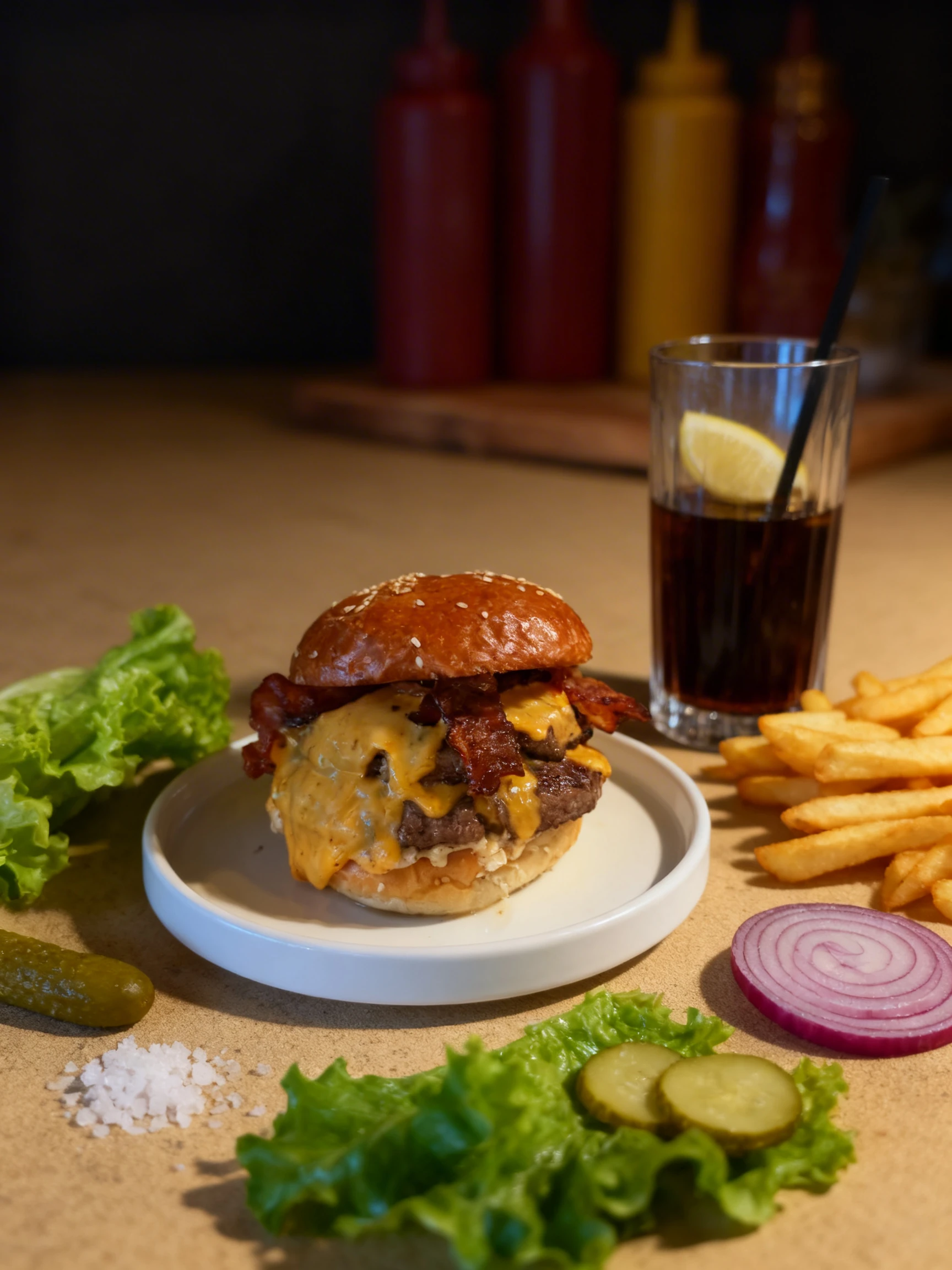 Double cheeseburger on a sesame brioche bun with crispy bacon and melted American cheese, served alongside a glass of cola with lemon.