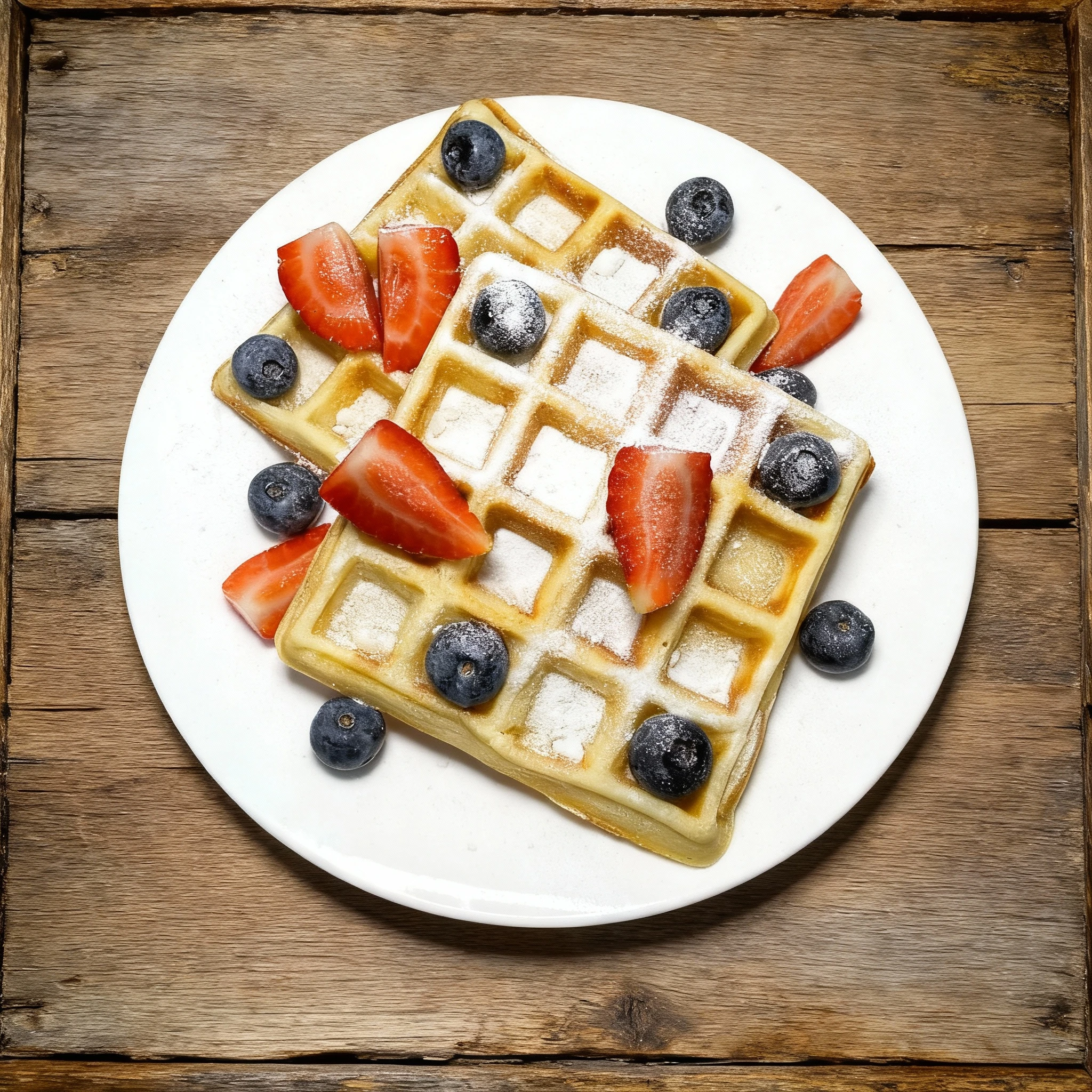 Stacked Belgian waffles topped with fresh blueberries, sliced strawberries, and a dusting of powdered sugar.