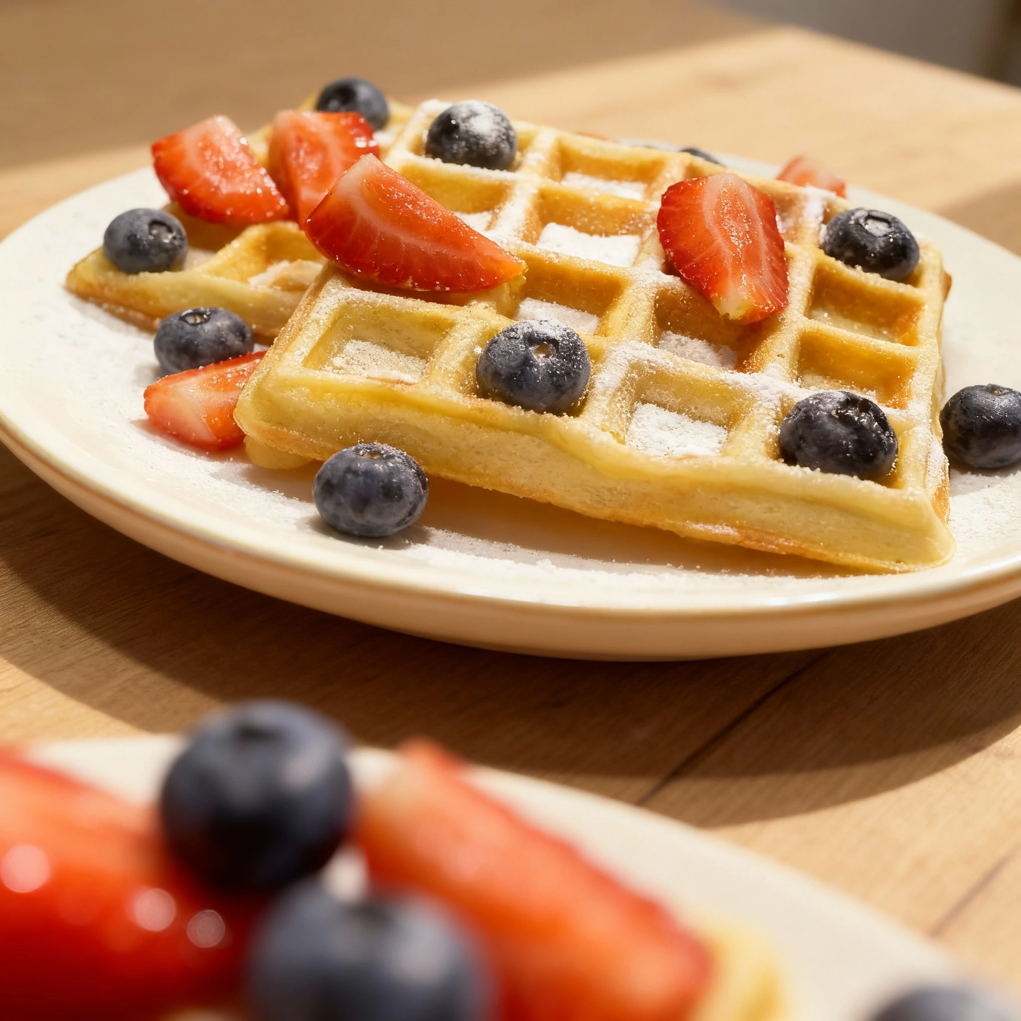 Golden square waffles topped with fresh blueberries, sliced strawberries, and a dusting of powdered sugar.