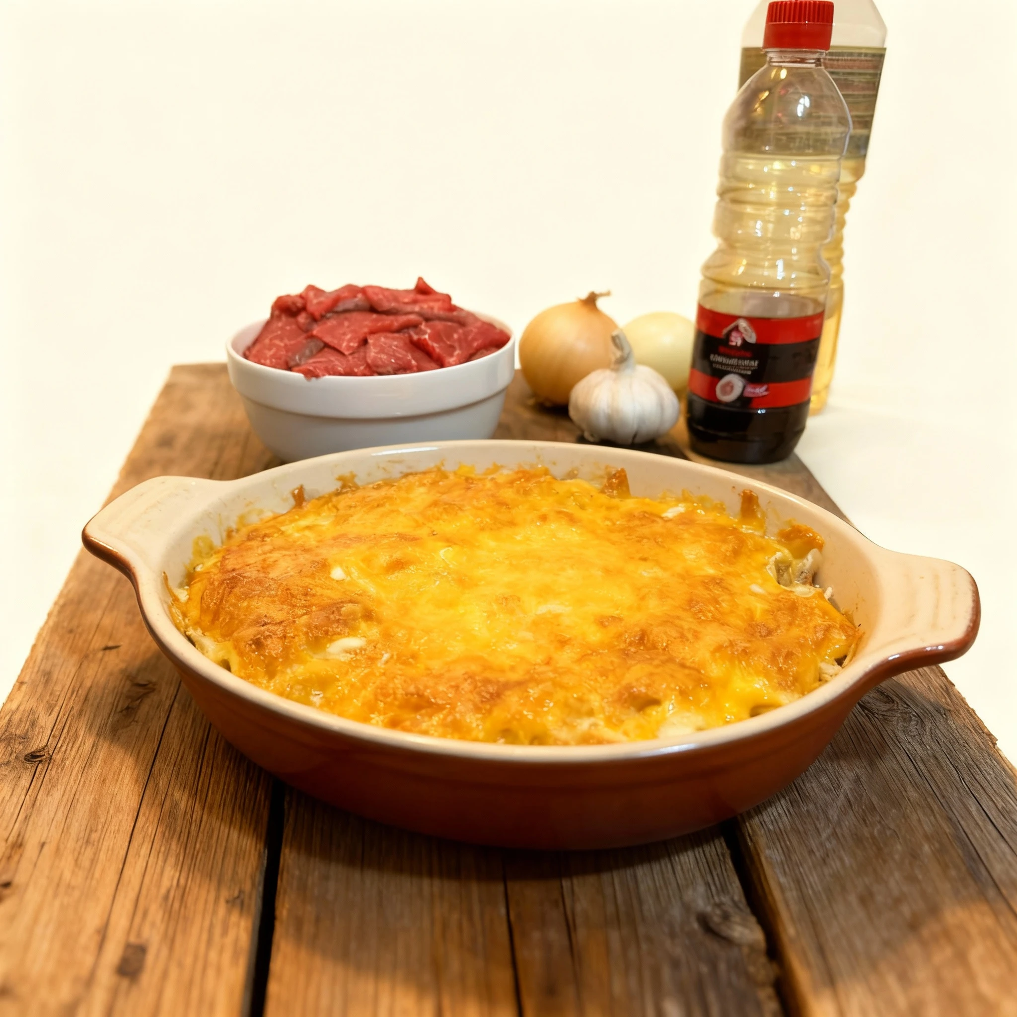 A baked casserole with a thick layer of melted cheddar cheese presented alongside raw sliced beef, garlic bulbs, and bottled sauces.
