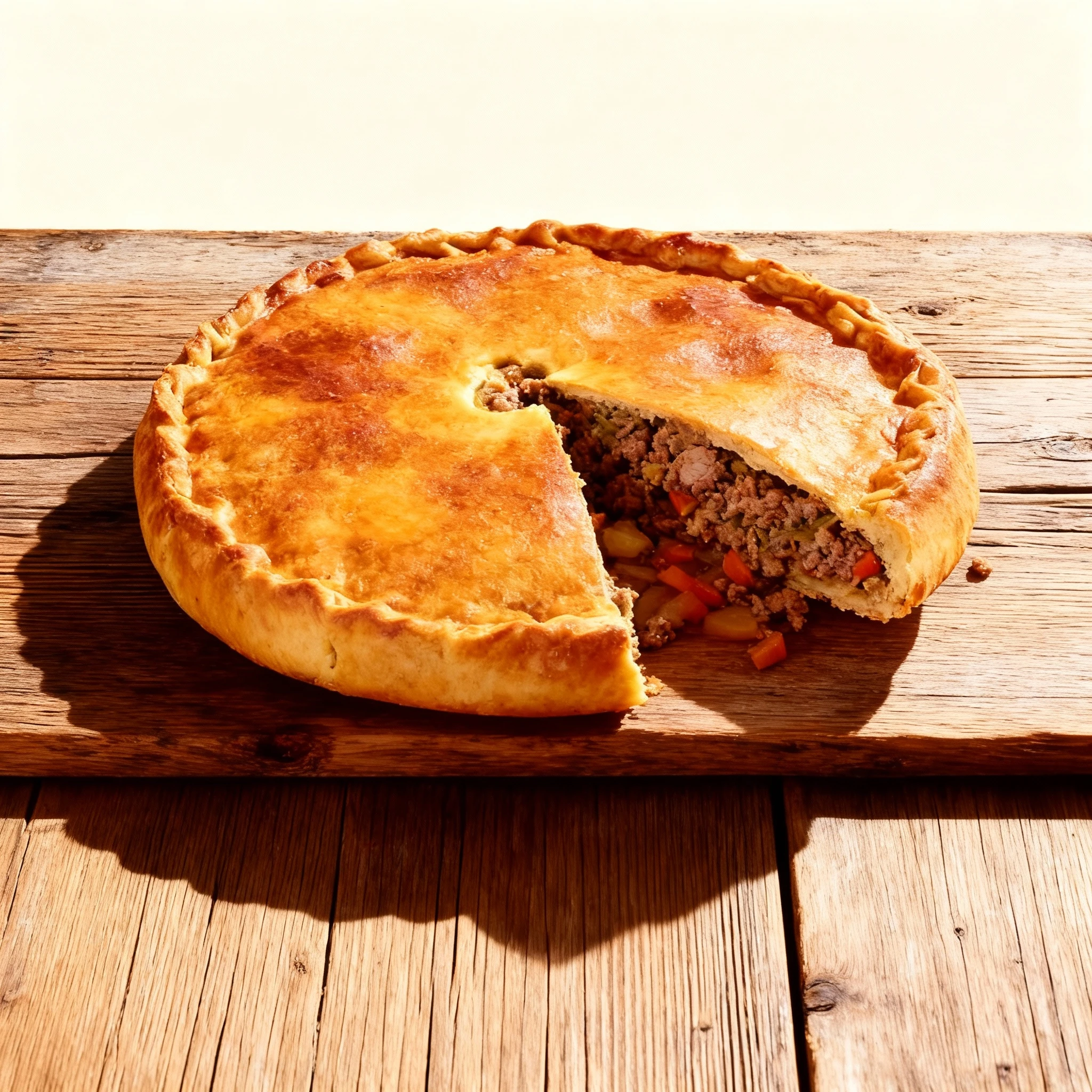 A golden-brown savory meat pie with a crimped crust, sliced to reveal a filling of minced meat and vegetables.