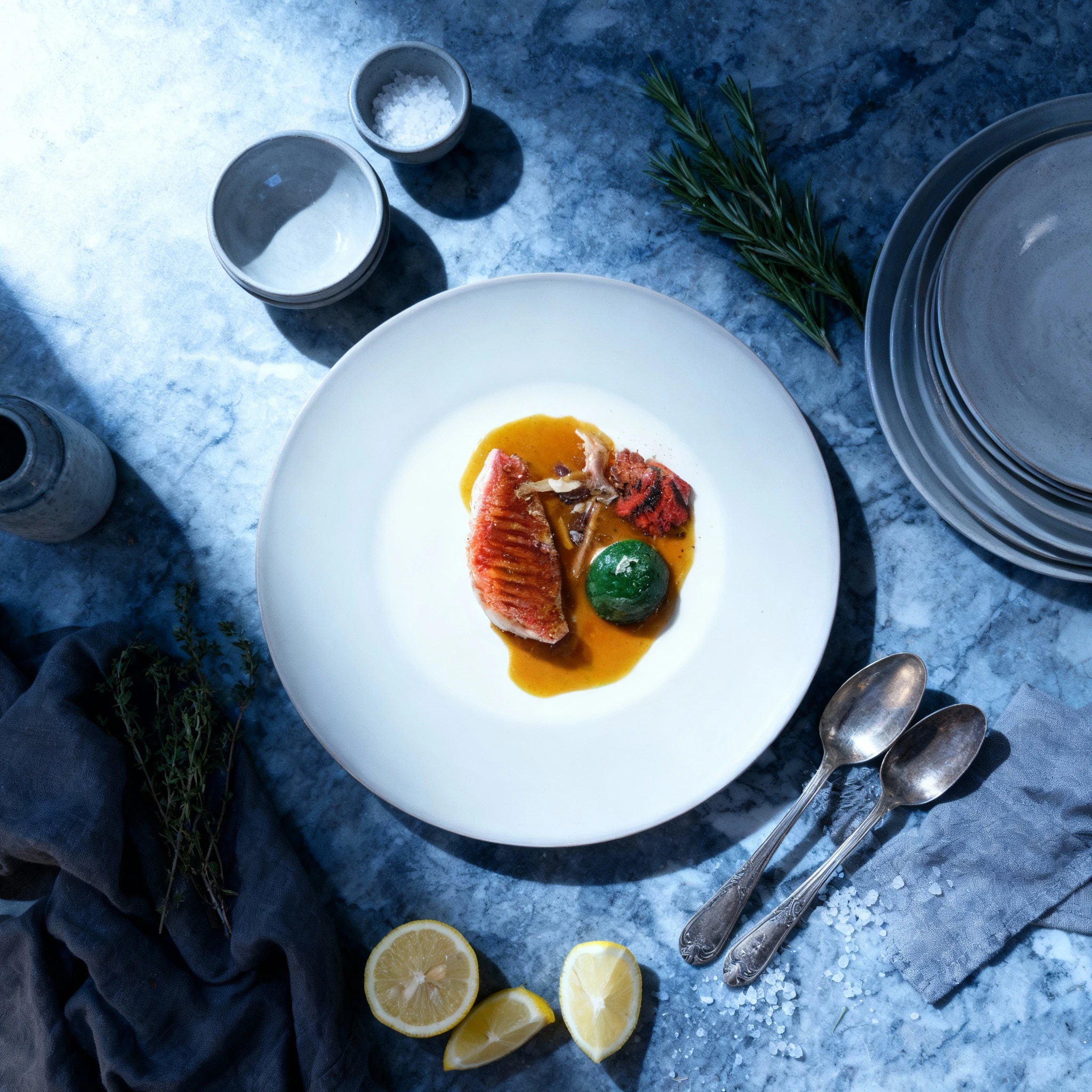 A gourmet dish featuring a pan-seared fillet of fish (likely Red Mullet) served in a pool of light brown jus. It is accompanied by sides including a dark green