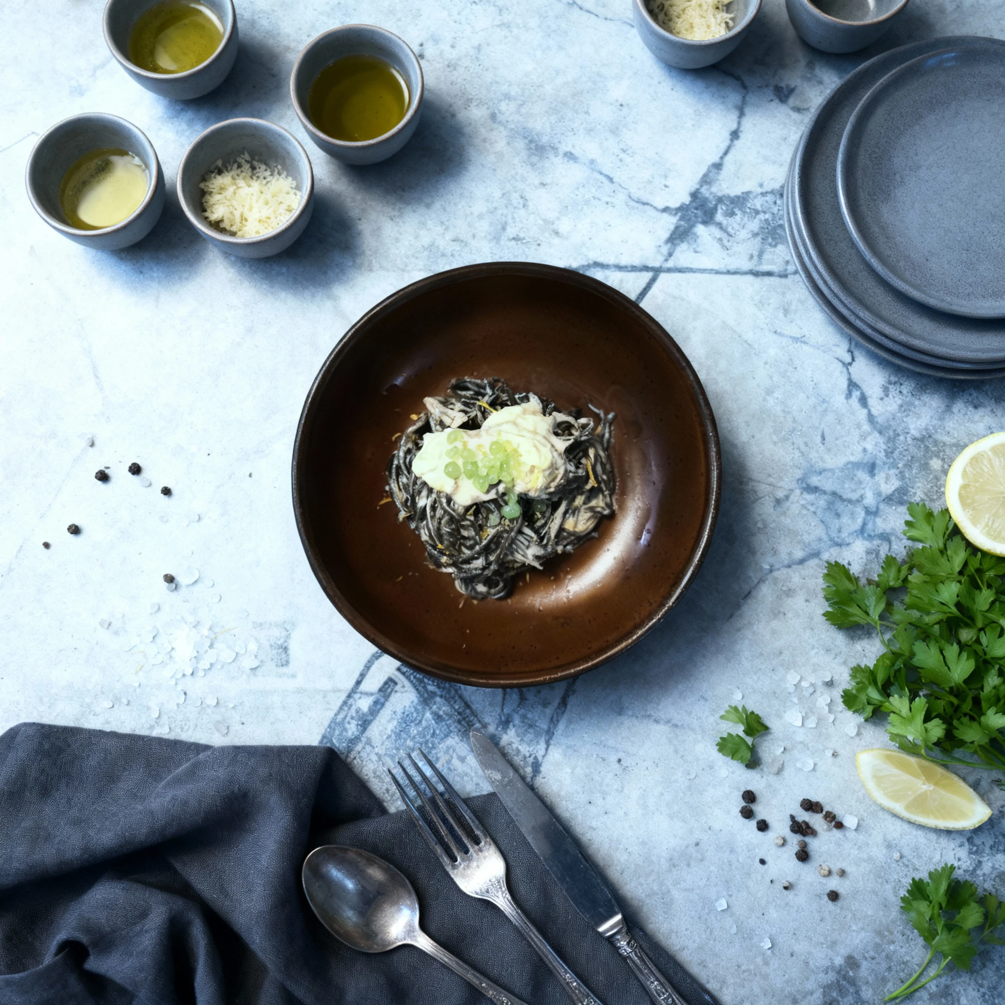 Squid ink pasta tossed in a creamy white sauce and garnished with citrus zest, topped with a dollop of cream and bright green molecular spheres resembling roe o
