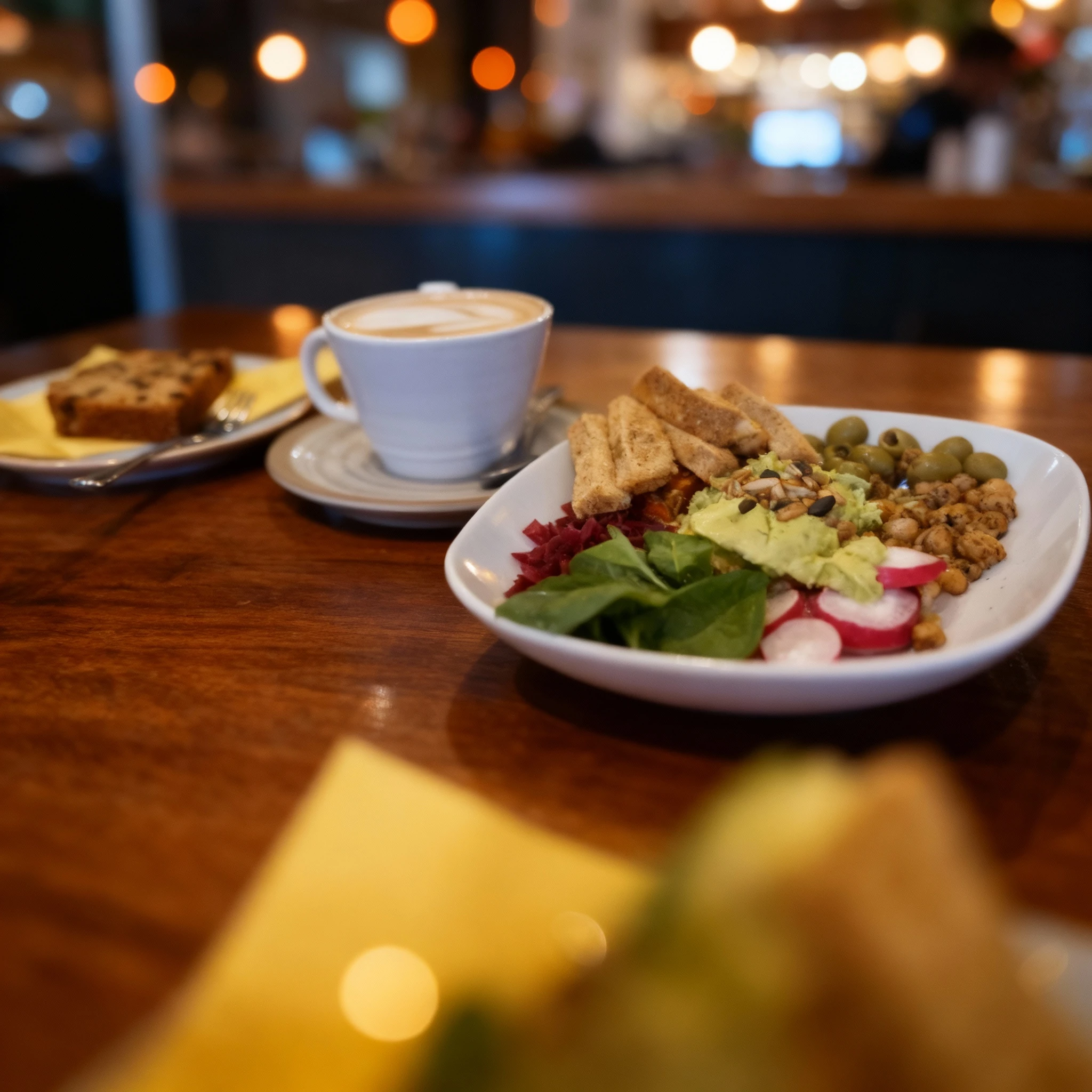 A varied meal featuring a colorful savory bowl, a slice of fruit or chocolate chip loaf cake, and a latte with distinct foam art. The savory bowl includes crisp