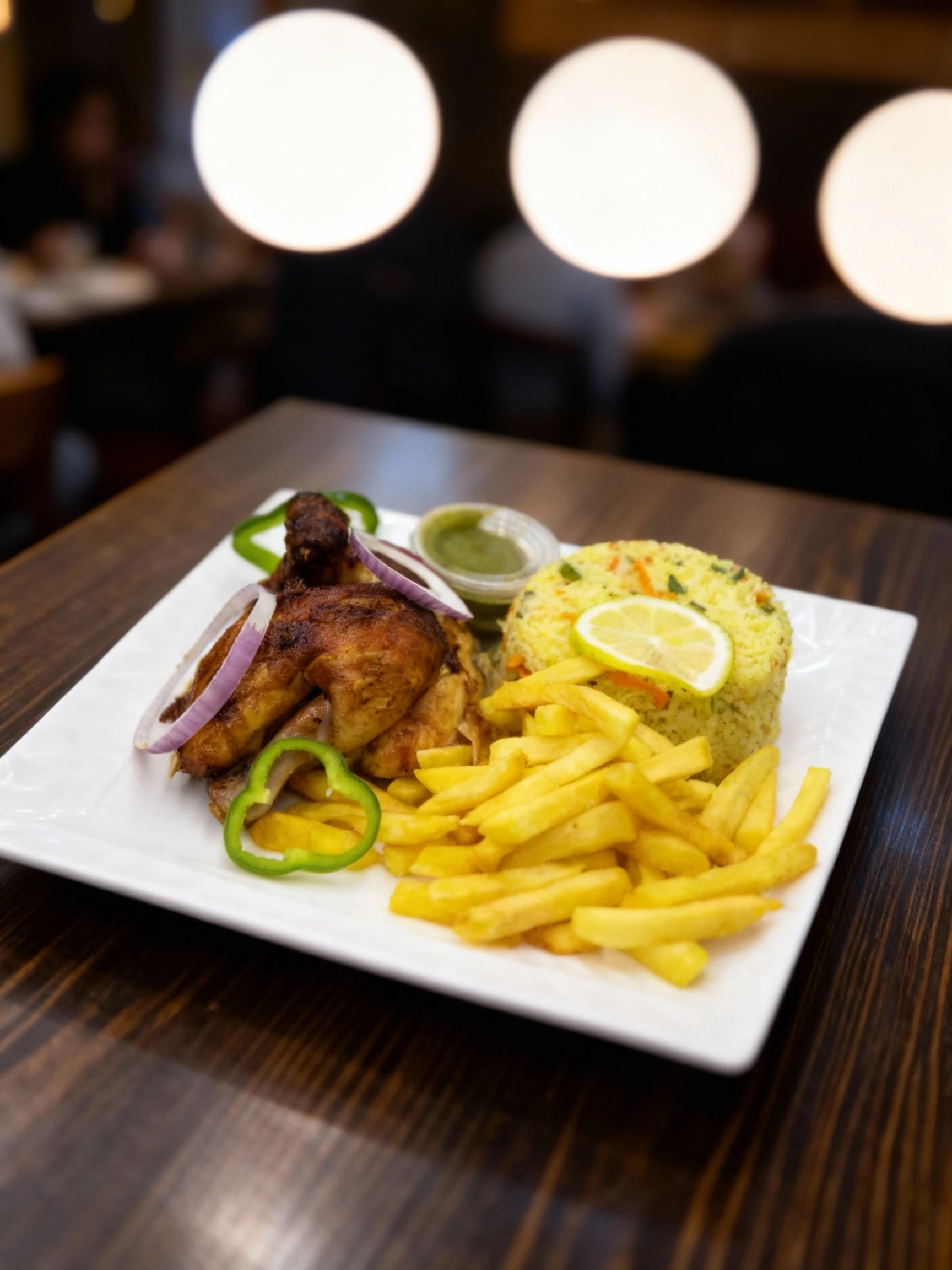Roasted chicken quarters served with a mound of vegetable fried rice, a large portion of french fries, and garnishes of red onion rings, green bell pepper, and