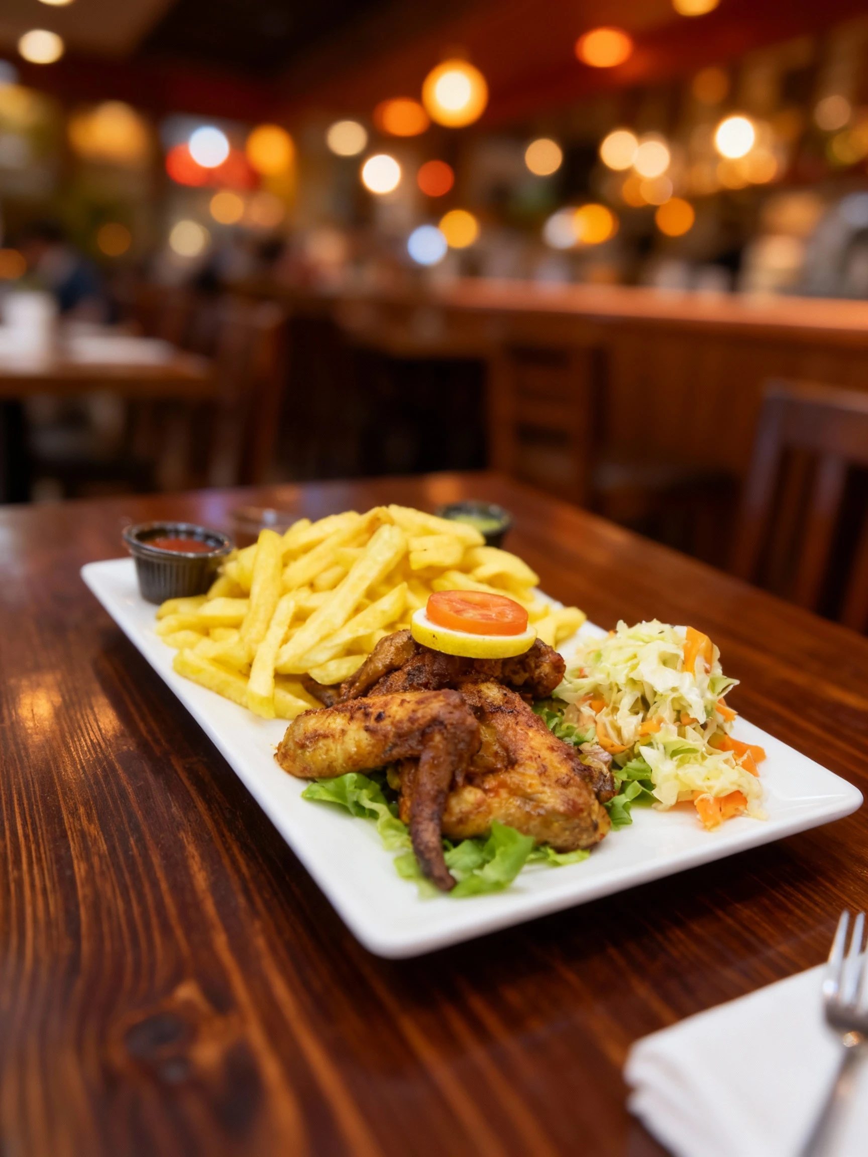 Grilled chicken wings served with a large portion of french fries, a side salad, and a garnish of lemon and tomato.