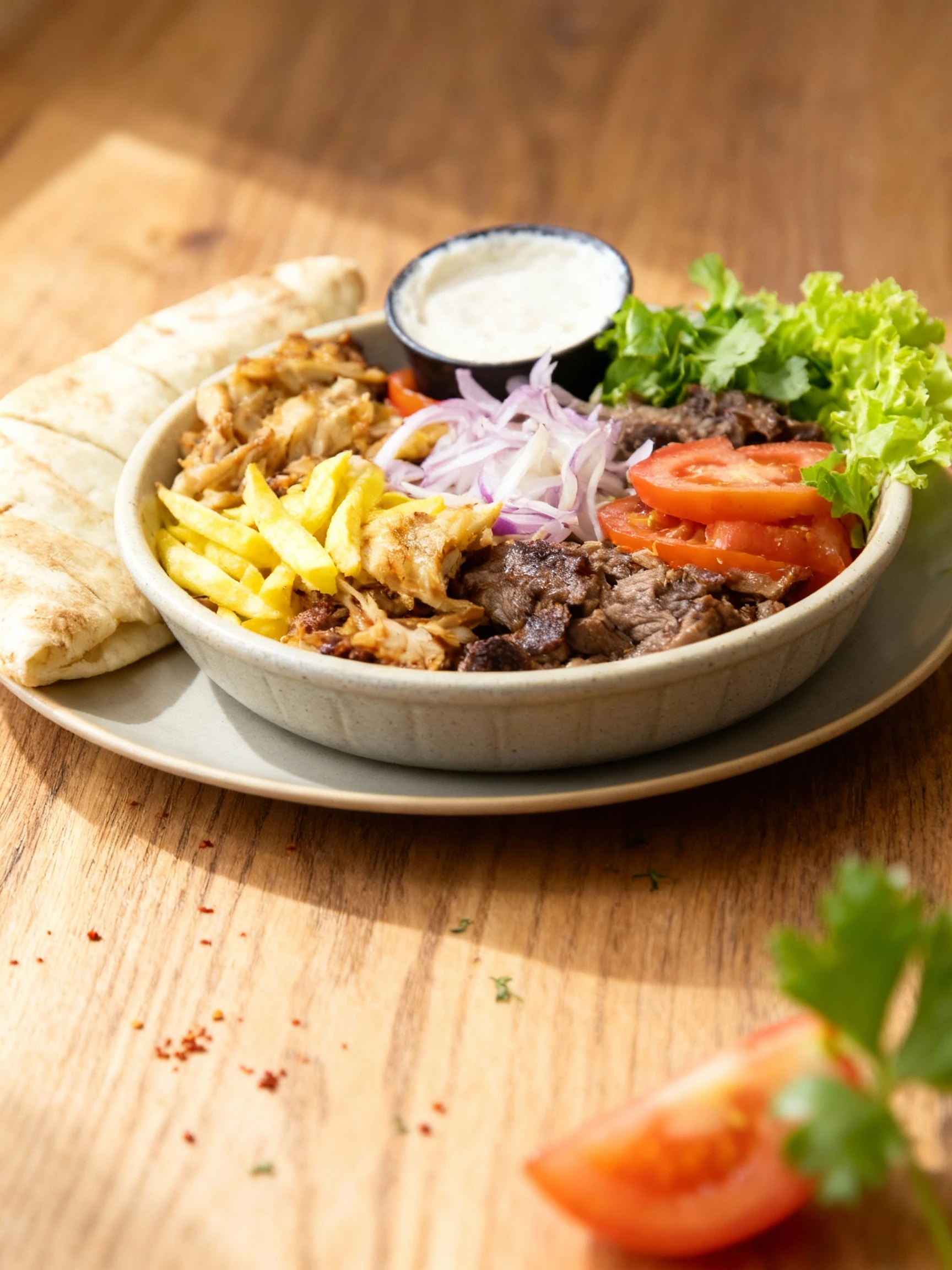 A mixed grill platter featuring sliced chicken shawarma, beef strips, and French fries accompanied by fresh tomatoes, red onions, shredded lettuce, pita bread,