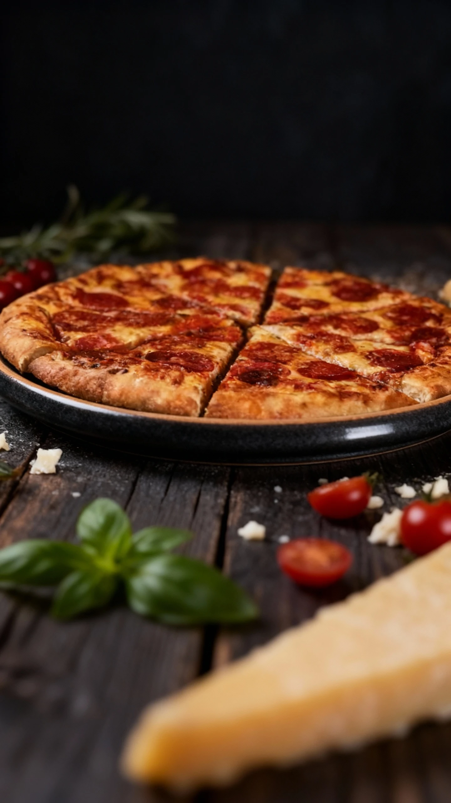 A sliced pepperoni pizza with melted cheese and tomato sauce, accompanied by a wedge of hard cheese and cherry tomatoes.