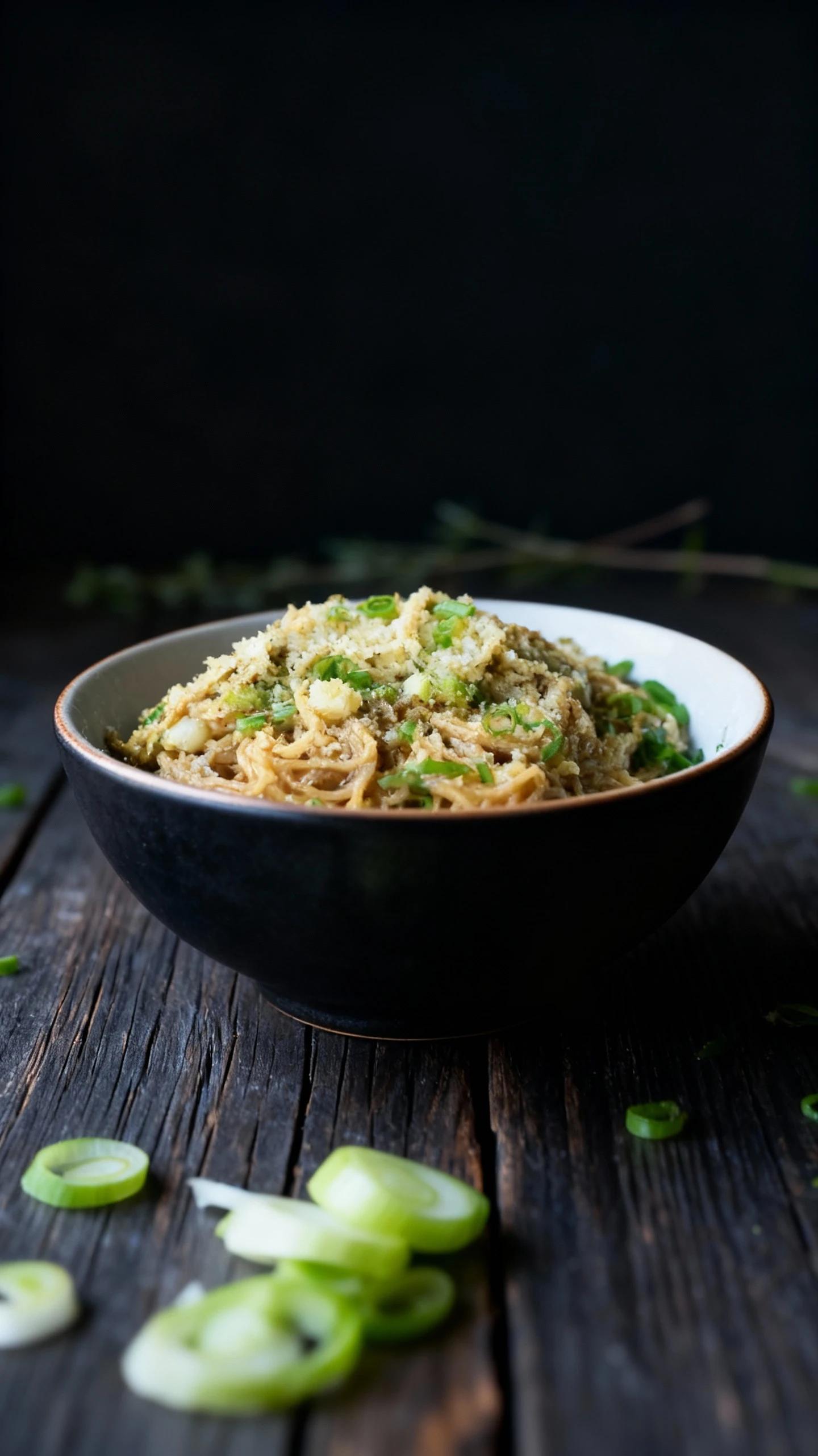 A bowl of noodles coated in a savory brown sauce and topped with breadcrumbs, grated parmesan cheese, and sliced green onions.