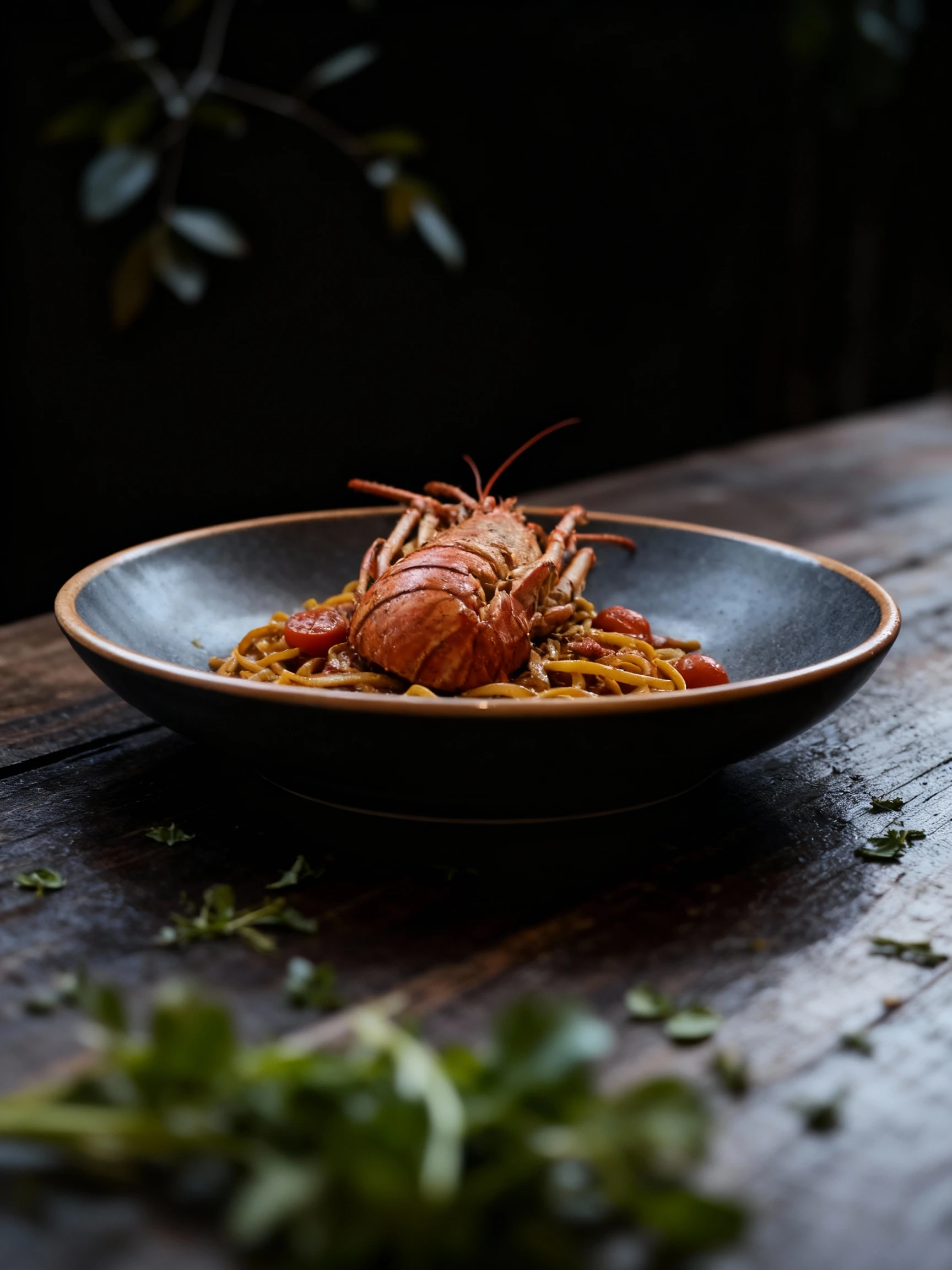 A whole, cooked lobster or large langoustine, split lengthwise and brightly colored, is placed atop a bed of dark-sauced linguine pasta garnished with whole che