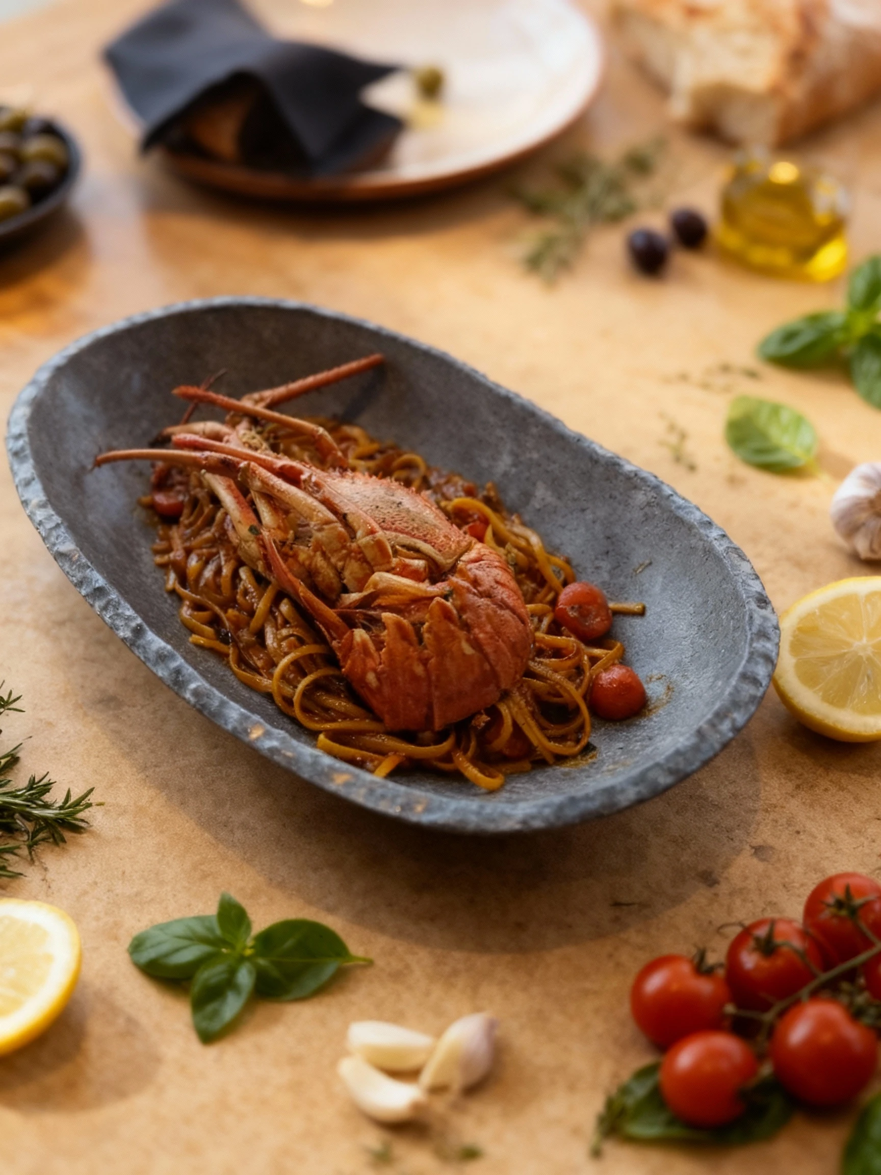 A large, whole cooked crustacean, likely lobster or langoustine, is dramatically presented atop a bed of linguine pasta tossed in a rich, dark sauce, accented w