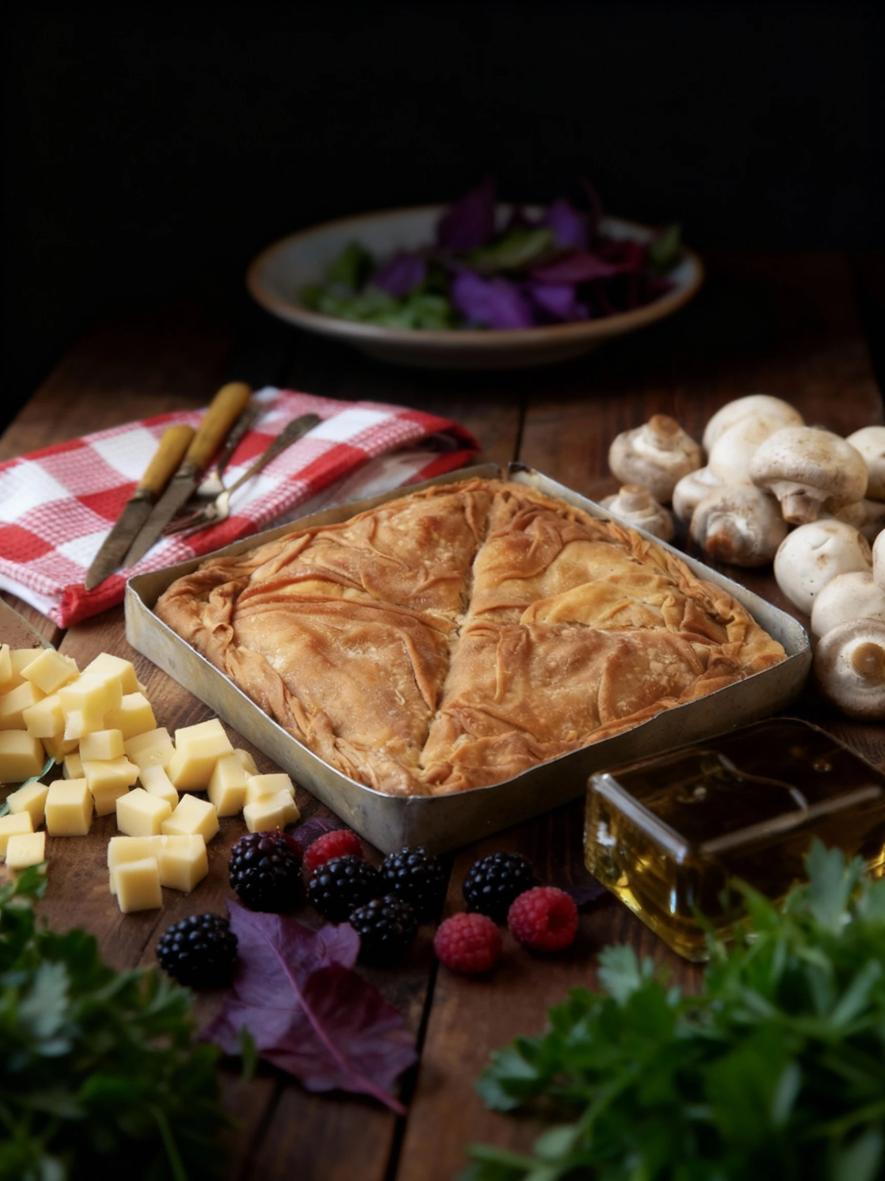 A square, golden-brown savory pie or pita, featuring a deeply crinkled phyllo crust, is baked in a shallow metal pan and pre-cut into four servings. The dish is