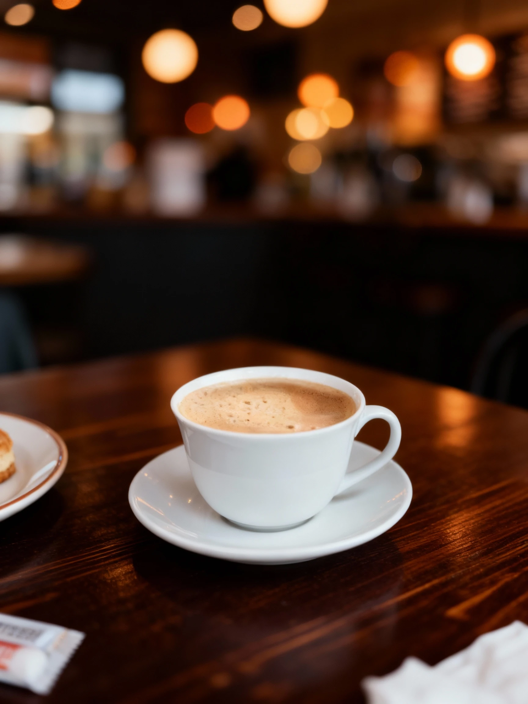 A hot latte or milky tea beverage served in a white porcelain cup resting on a matching saucer, featuring a layer of light brown foam on the surface.