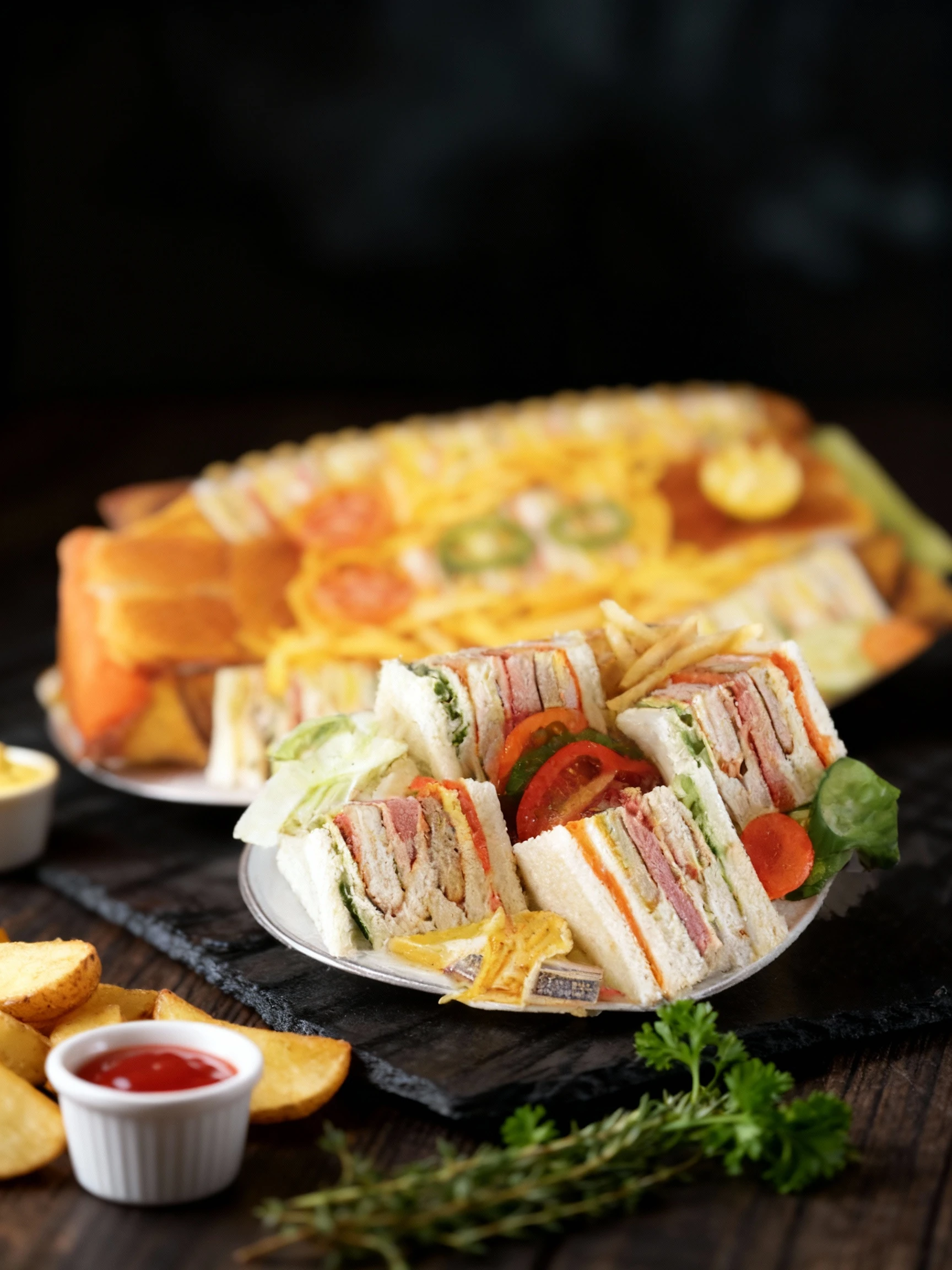 This image is a menu display featuring multiple varieties of club sandwiches, most of which include toasted bread, various fillings, french fries, and garnishes