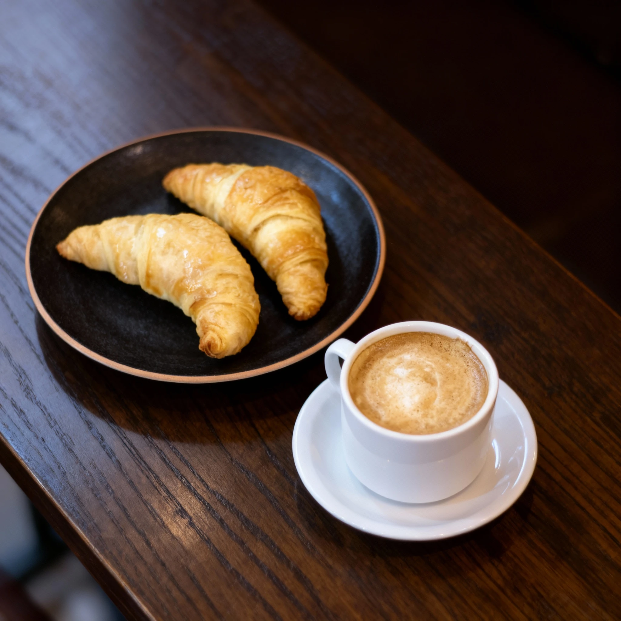A breakfast setting featuring a white ceramic cup of frothy coffee, likely a cappuccino, served on a saucer alongside two golden, glazed croissants plated separ