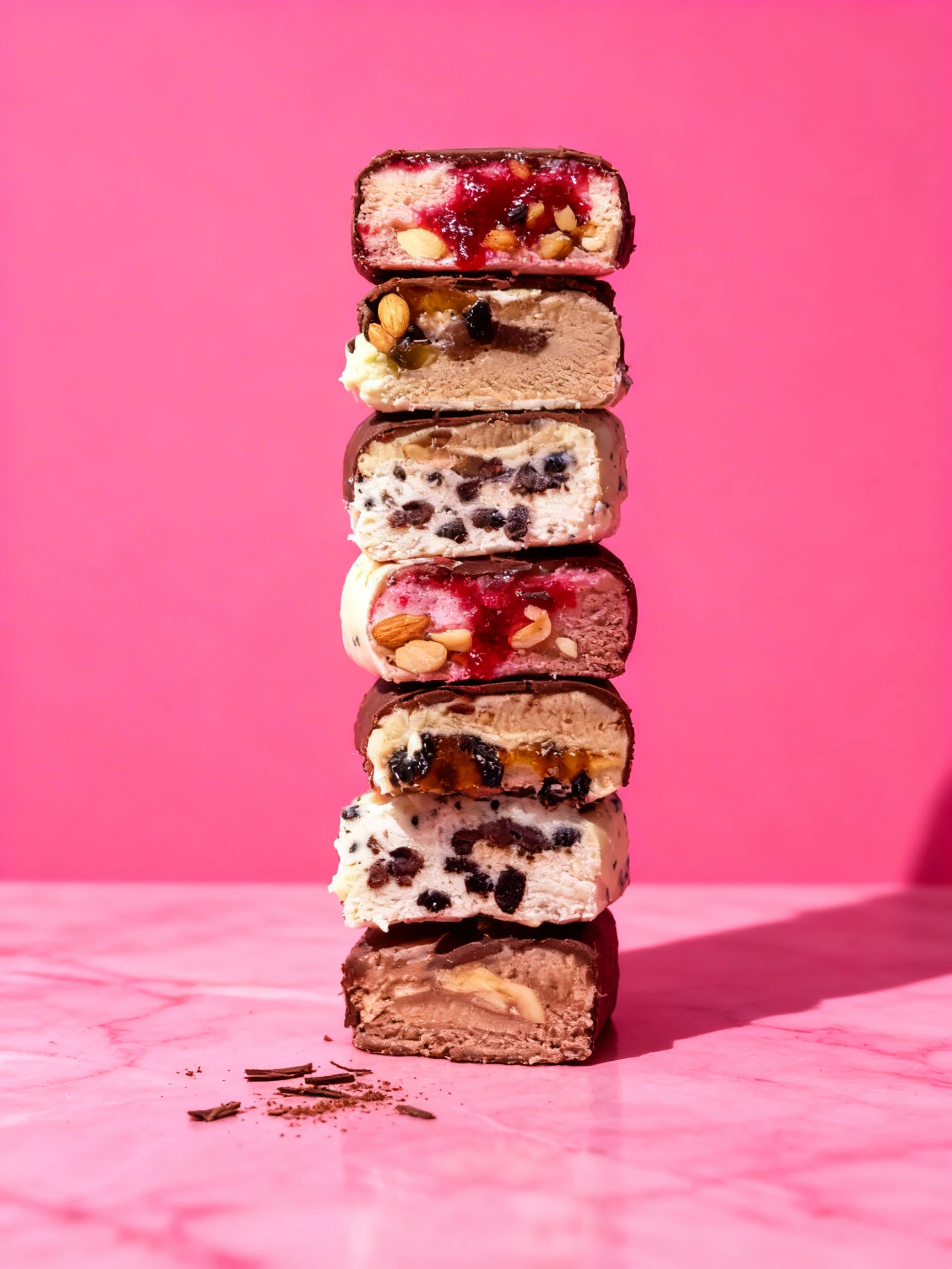 A vertical stack of seven cut ice cream bars with various fillings, including fruit coulis, nuts, and chocolate chips, coated in white and milk chocolate.