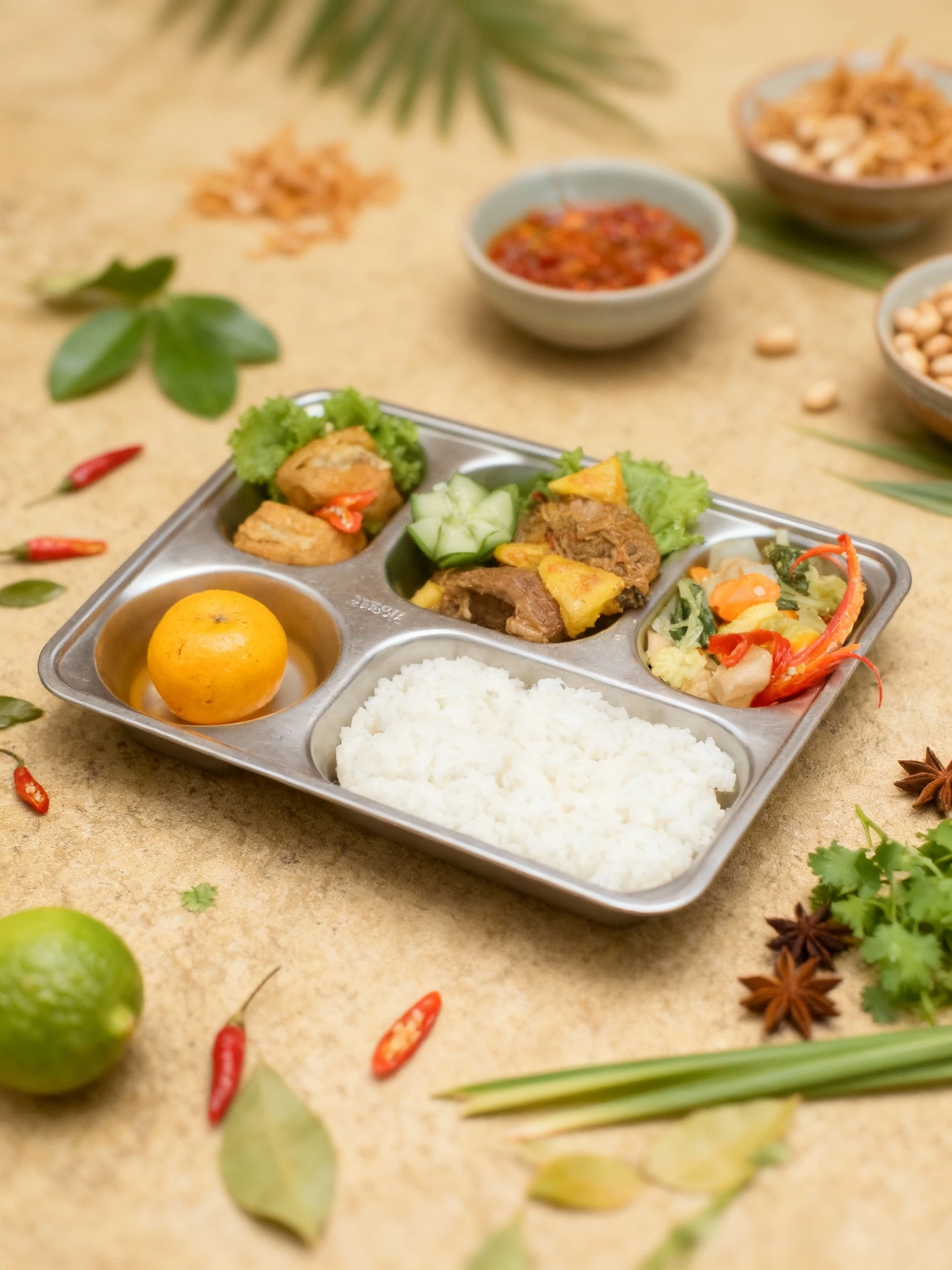 An Indonesian-style meal set served in a compartmentalized metal tray, featuring steamed white rice, braised meat chunks topped with pineapple, fried tofu with