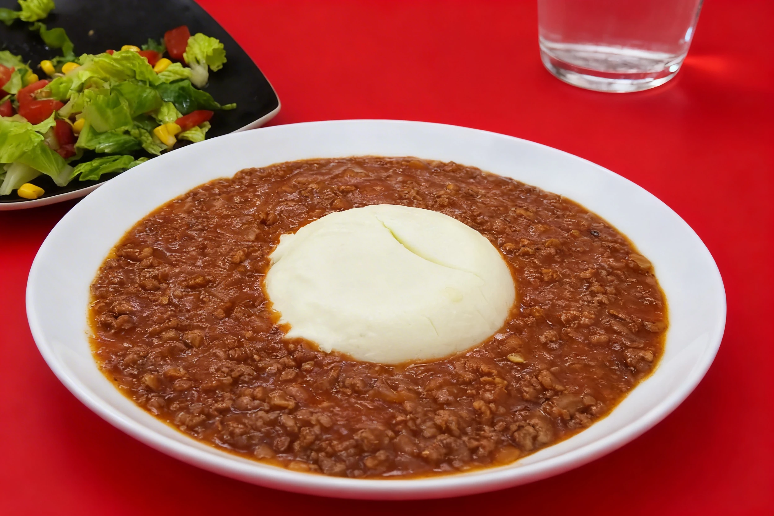 A plate of savory ground beef mince stew surrounding a central mound of smooth white mashed potatoes, served alongside a garden salad with lettuce, corn, and to