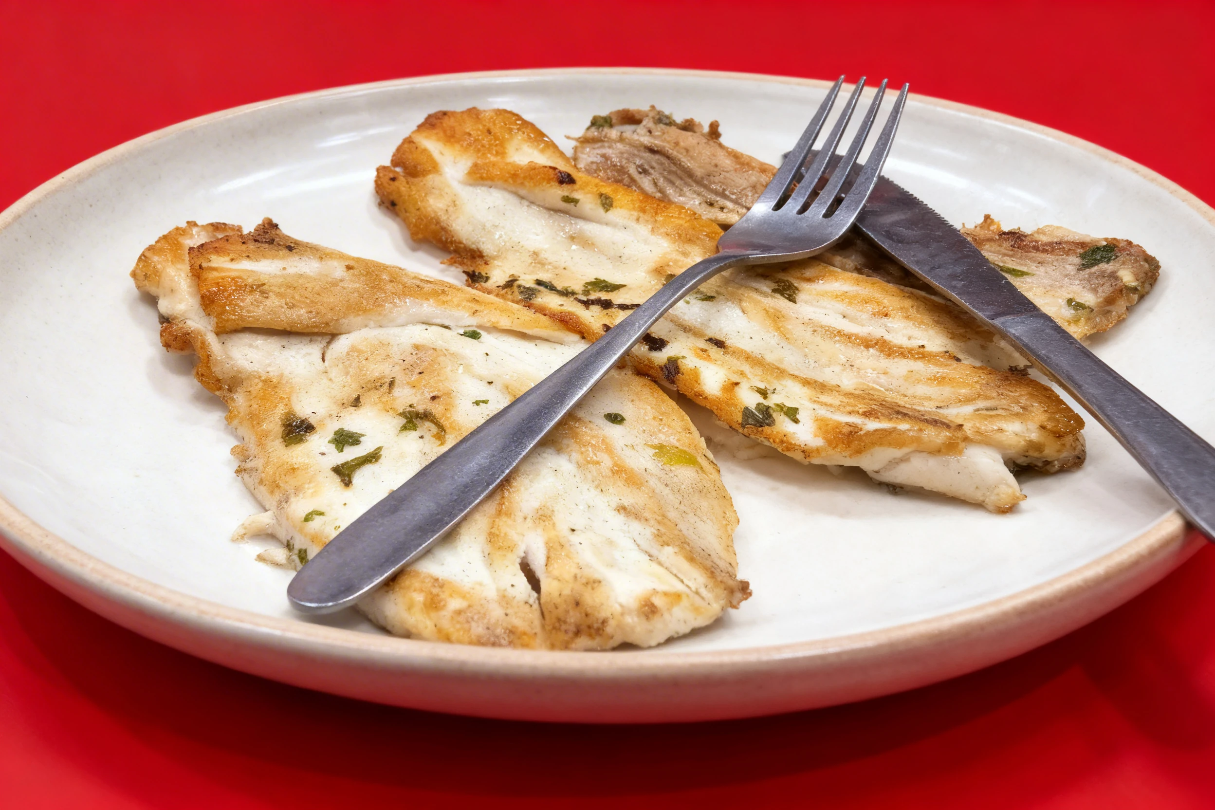 Grilled white fish fillets seasoned with herbs and served on a white plate.