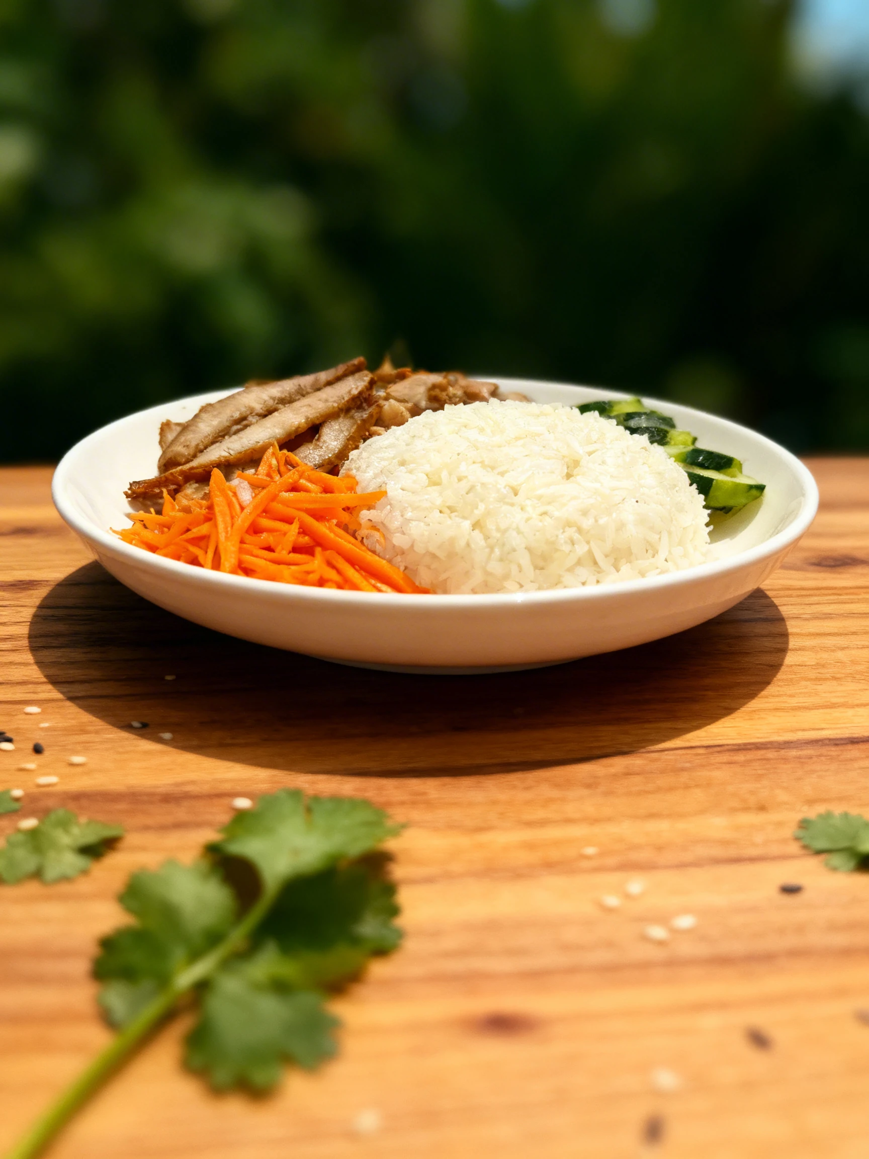 A bowl containing sliced roasted pork, a mound of steamed white rice, shredded pickled carrots, and cucumber slices.