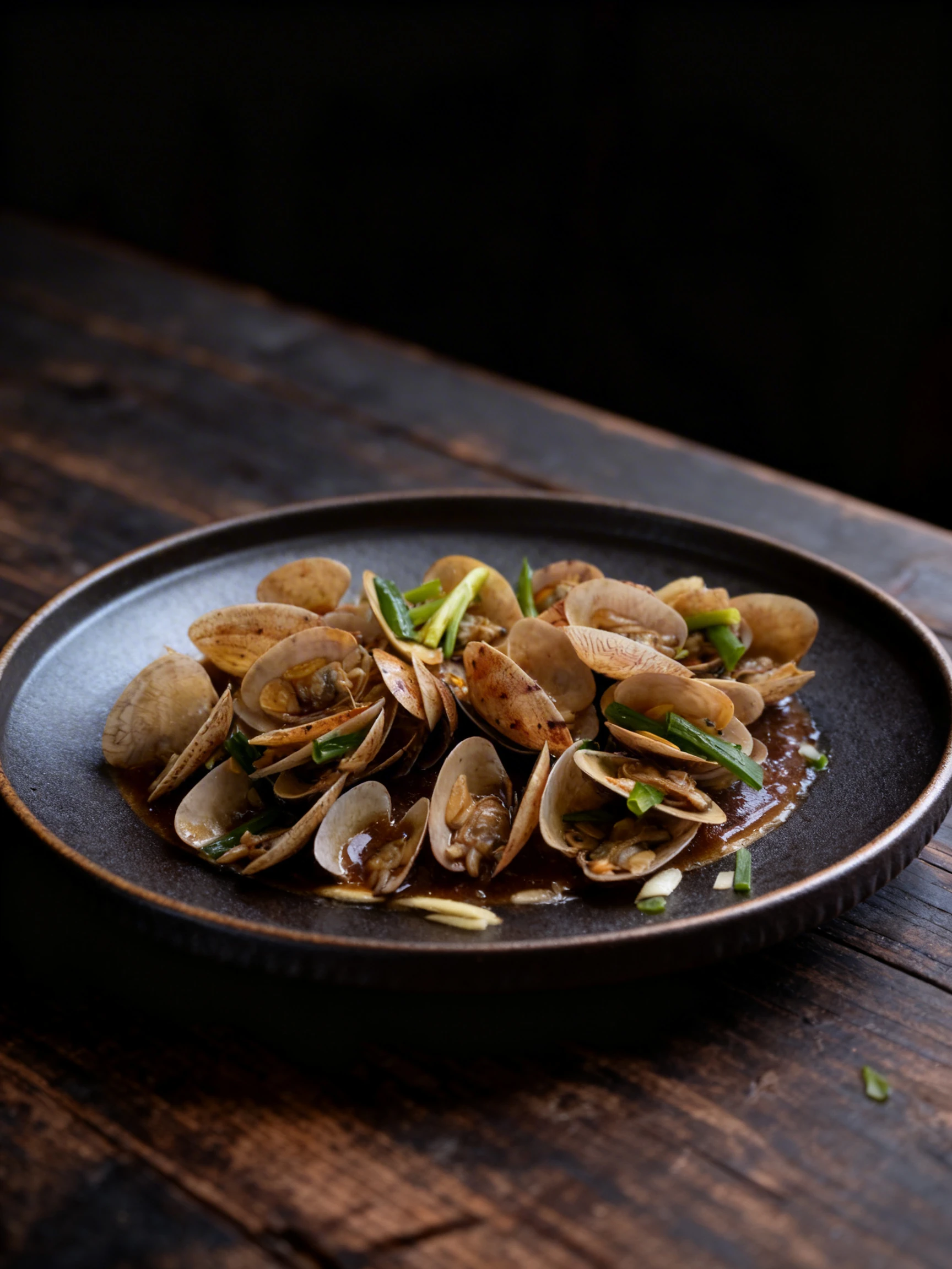 Stir-fried clams in a dark savory sauce garnished with fresh scallions and ginger slices on an oval white plate.
