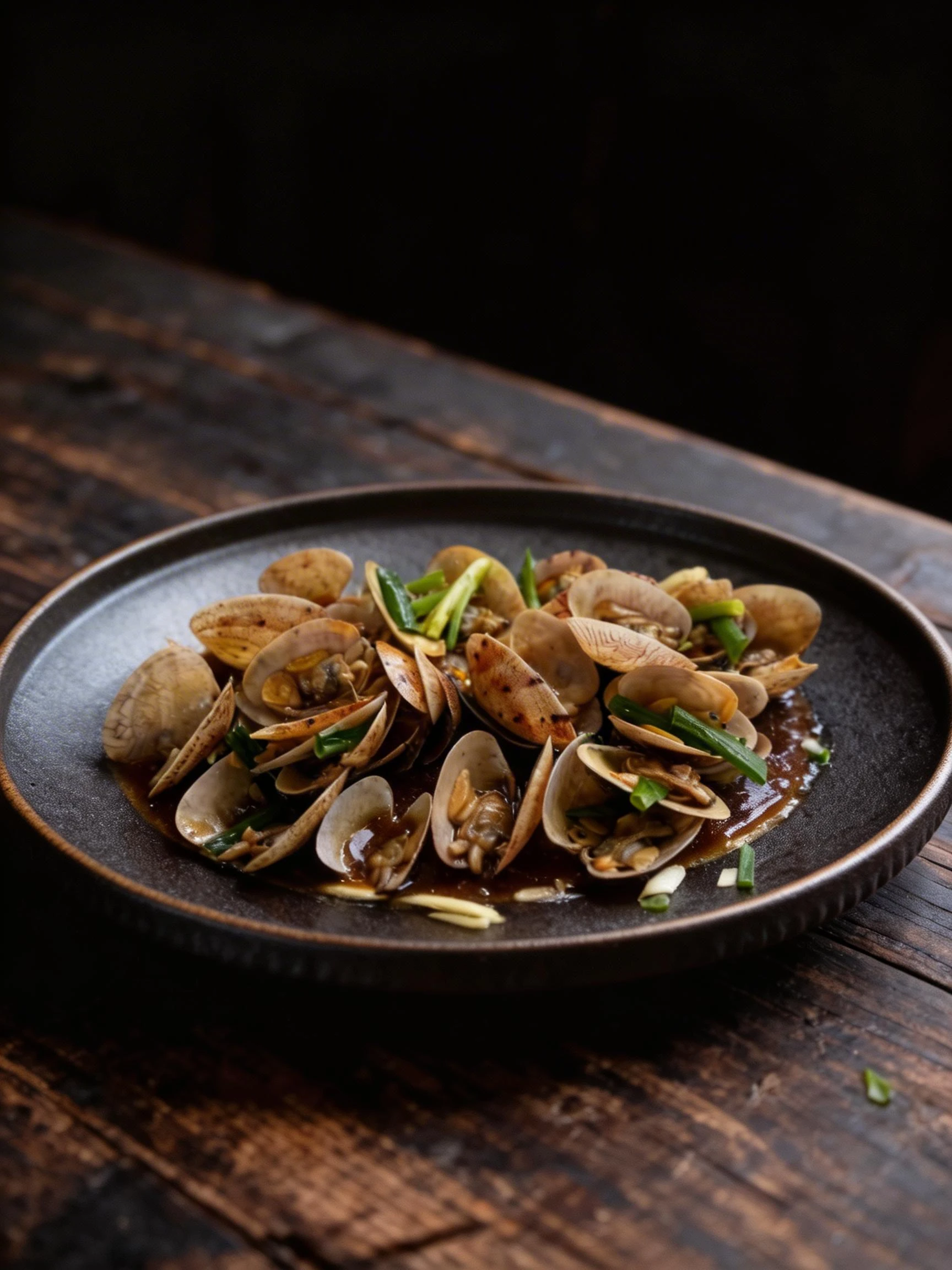 Stir-fried clams in a dark savory sauce garnished with fresh scallions and ginger slices on an oval white plate.