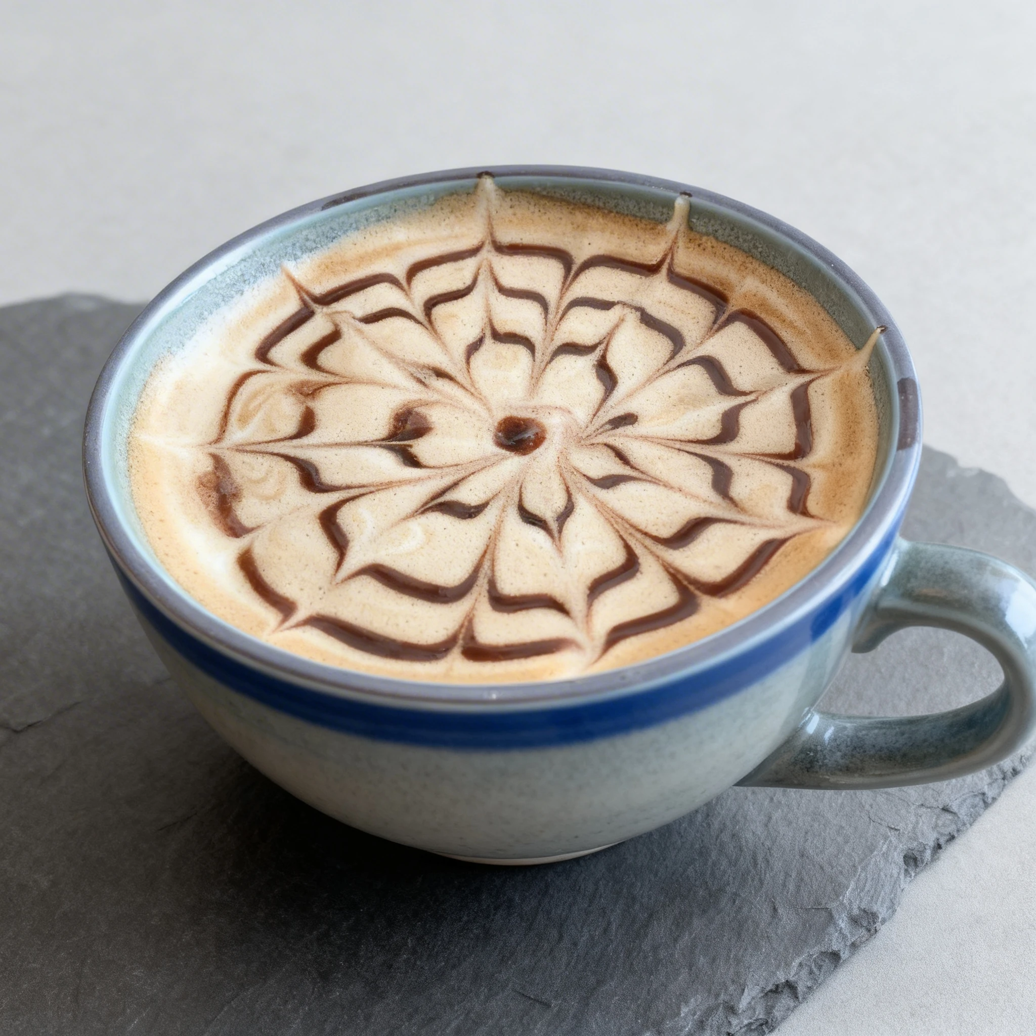 A cafe latte featuring a radial chocolate syrup spiderweb design etched into the milk foam.