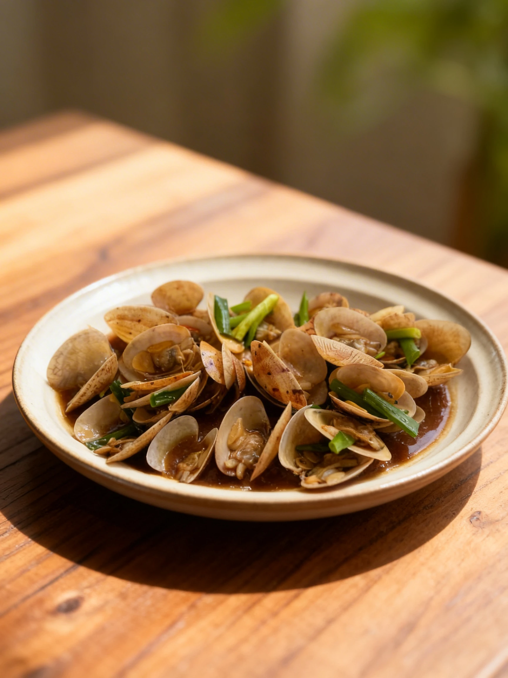 Stir-fried clams in a savory brown sauce garnished with chopped green onions and ginger.