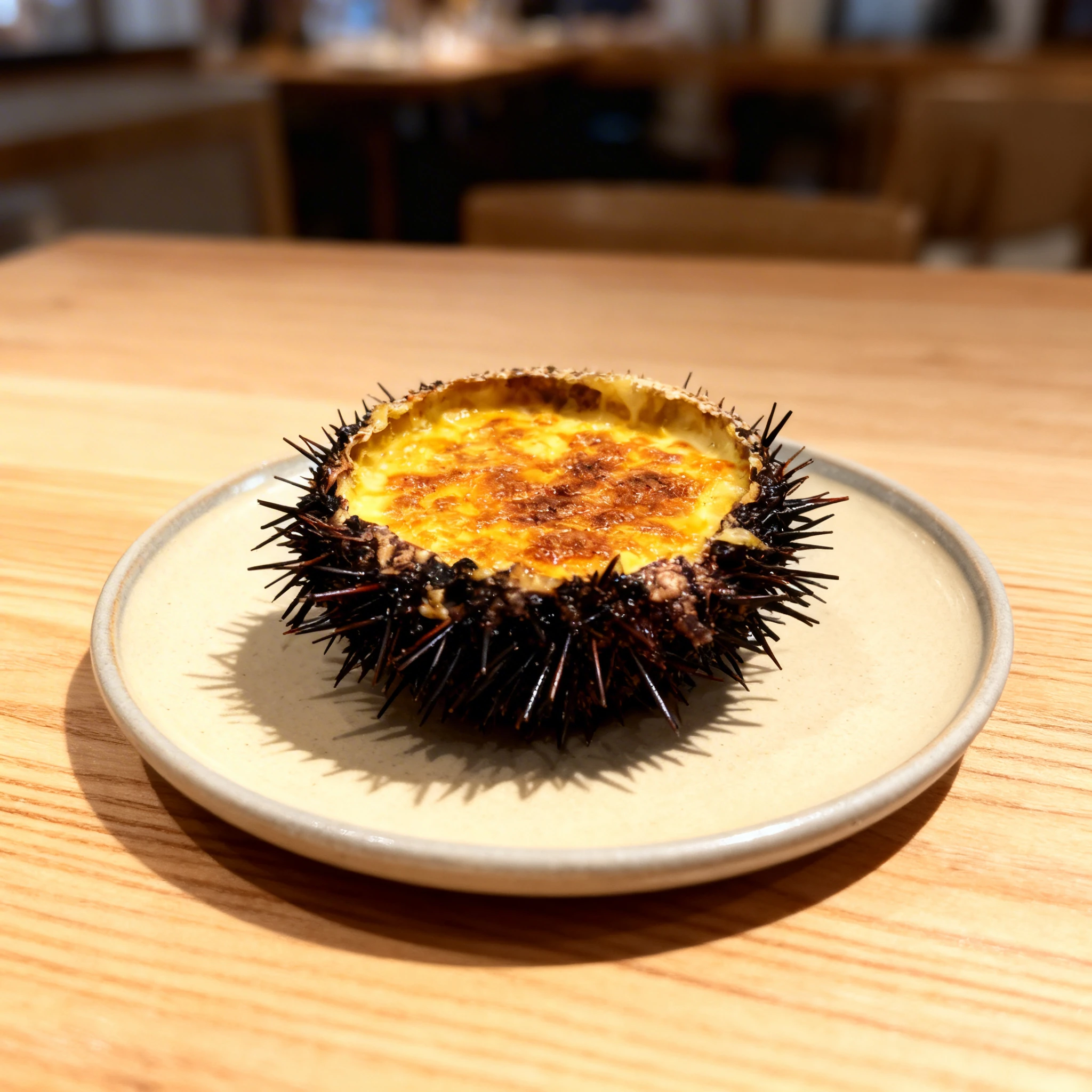 Baked sea urchin gratin with a browned cheese crust, served directly inside the urchin shell.