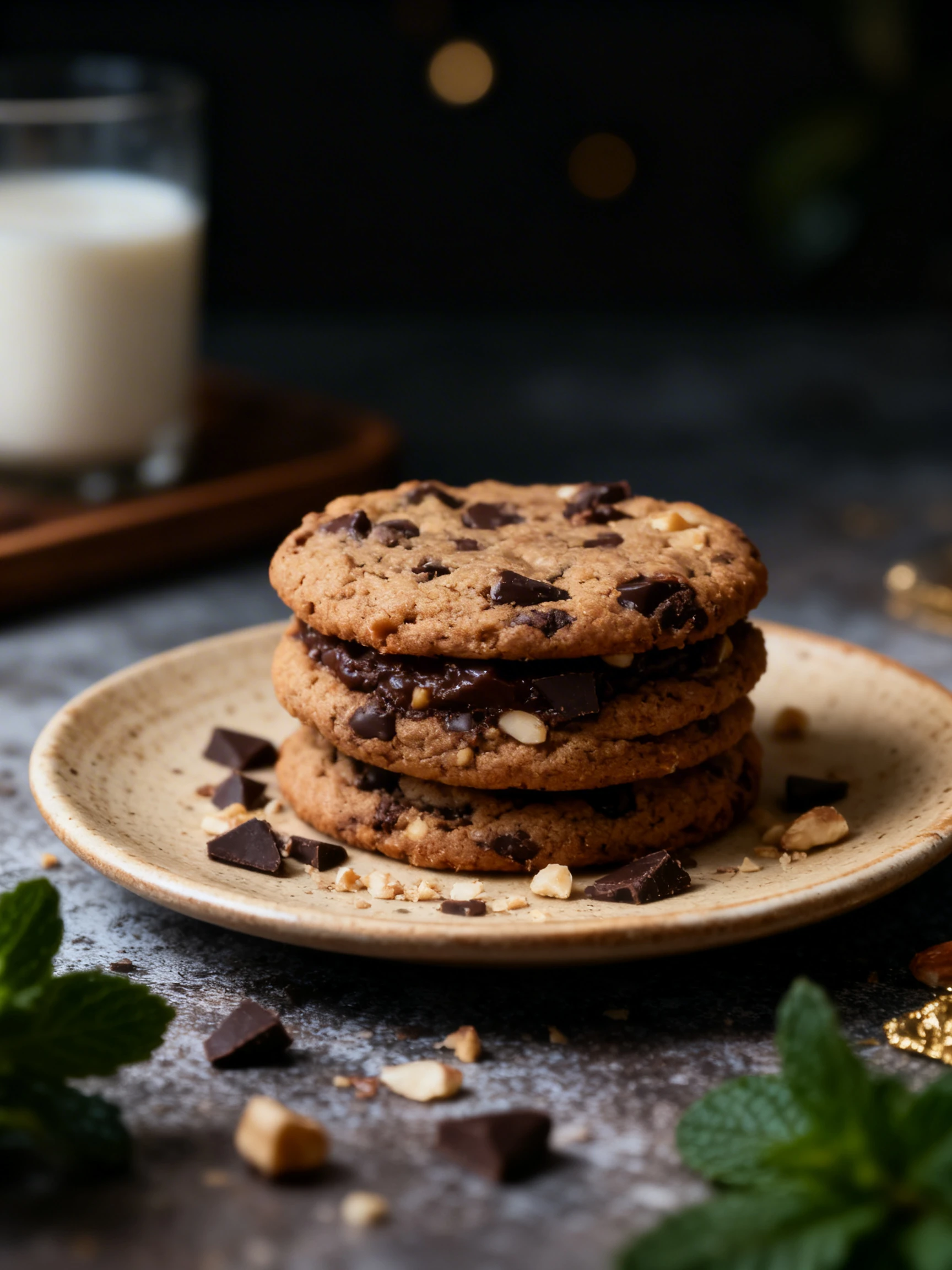 A thick, round chocolate chip cookie featuring visible dark chocolate chunks and small nut pieces.