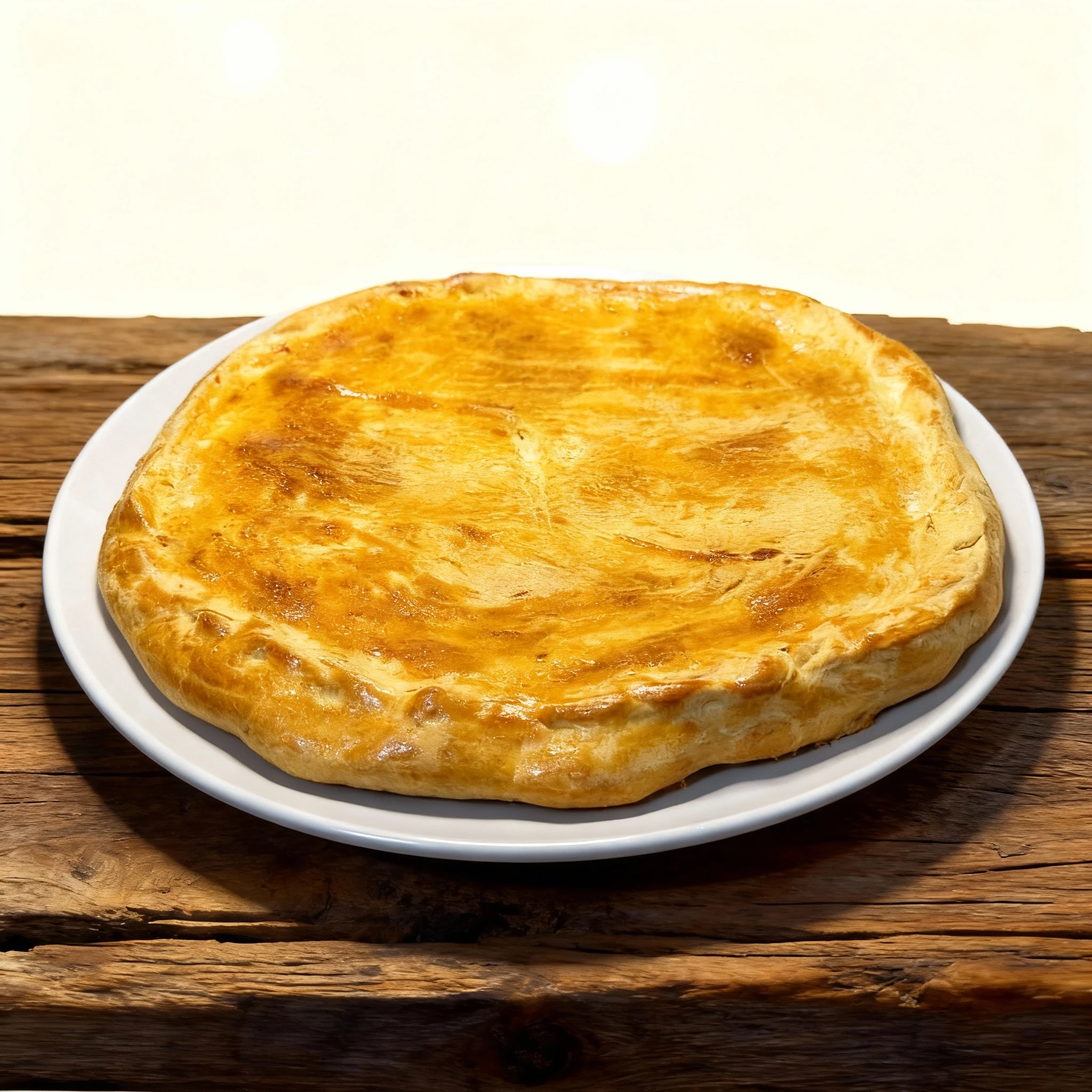 A whole, round savory pie with a golden-brown egg-washed crust served on a white ceramic plate.